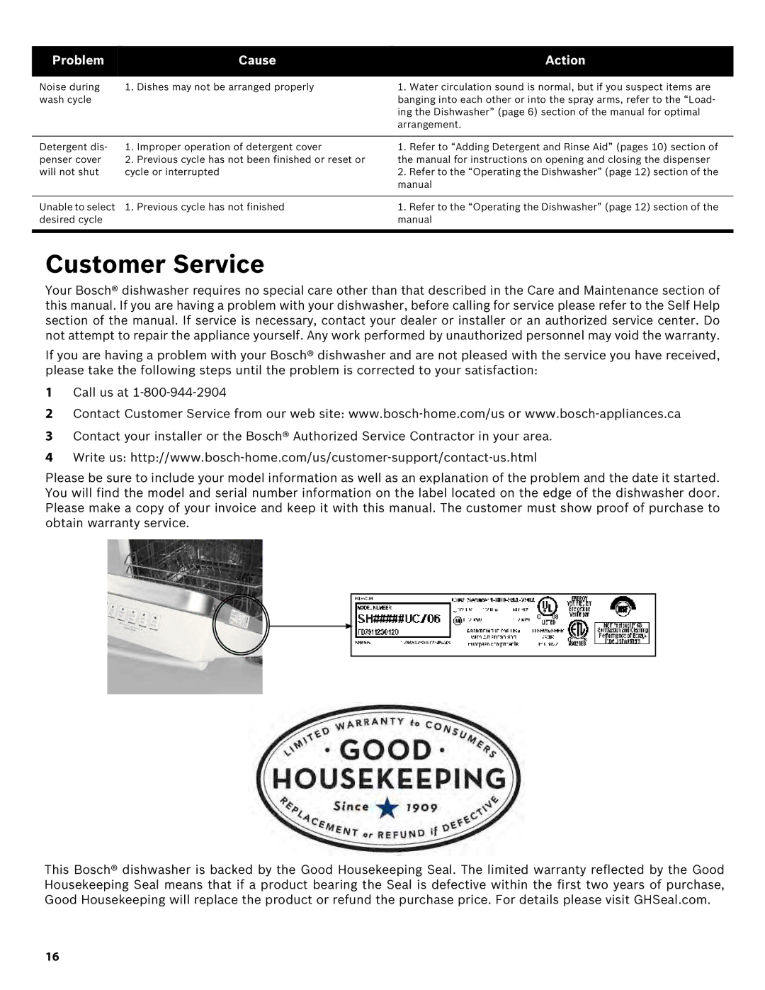 Bosch Appliances SHE43R5XUC manual Customer Service 