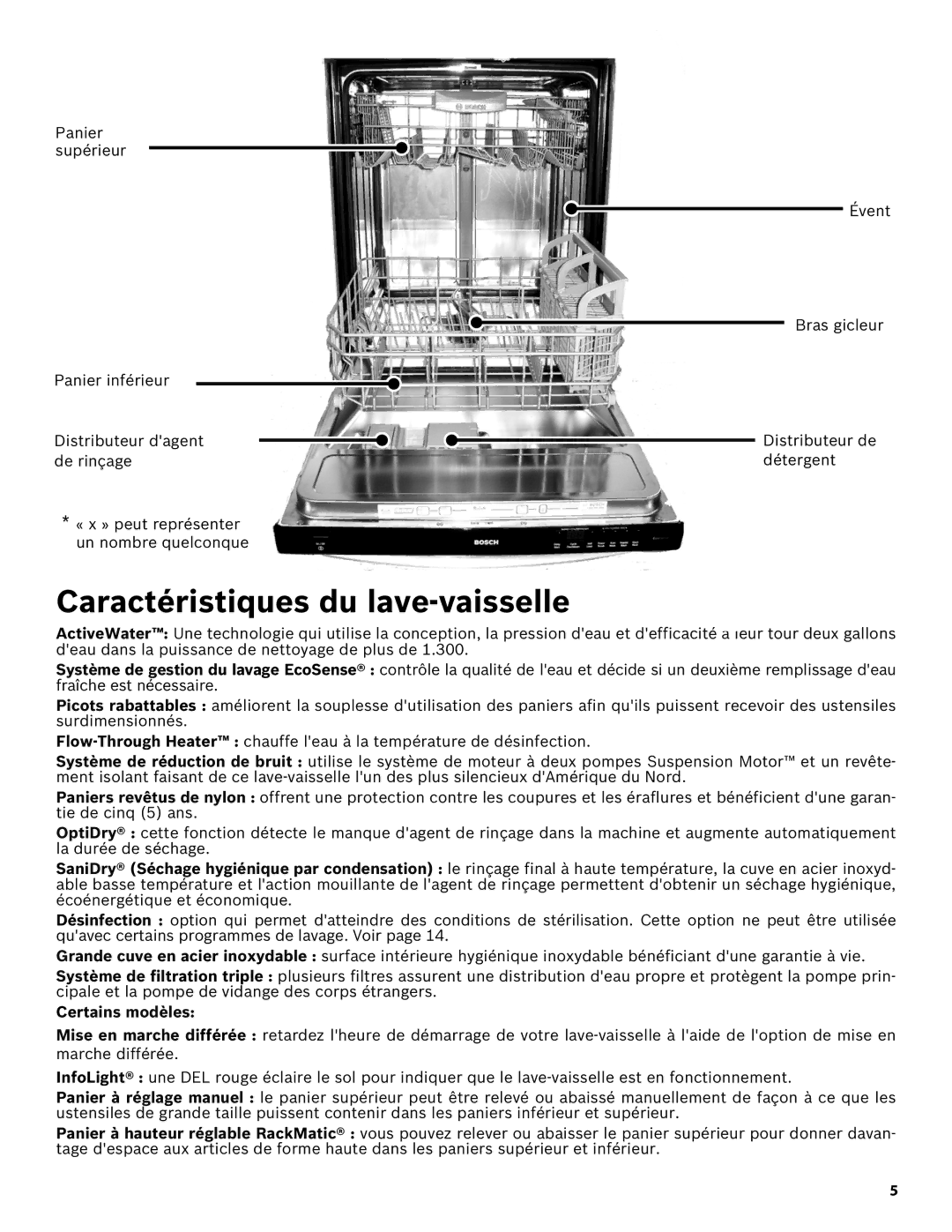 Bosch Appliances SHE43R5XUC manual Caractéristiques du lave-vaisselle, Certains modèles 