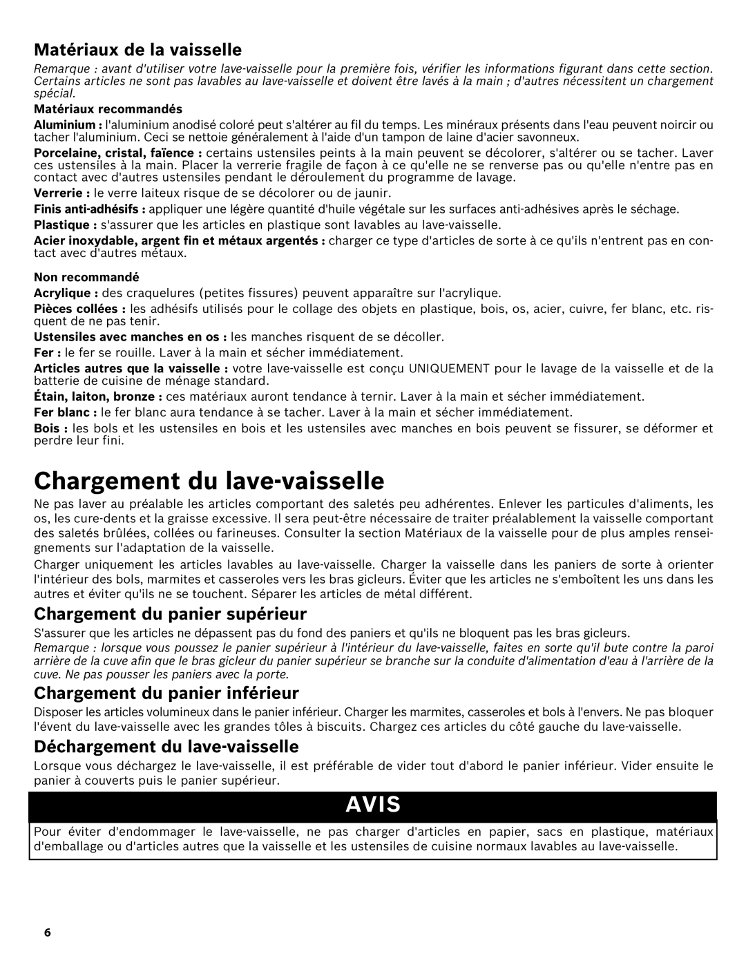 Bosch Appliances SHE43R5XUC manual Chargement du lave-vaisselle, Matériaux de la vaisselle, Chargement du panier supérieur 