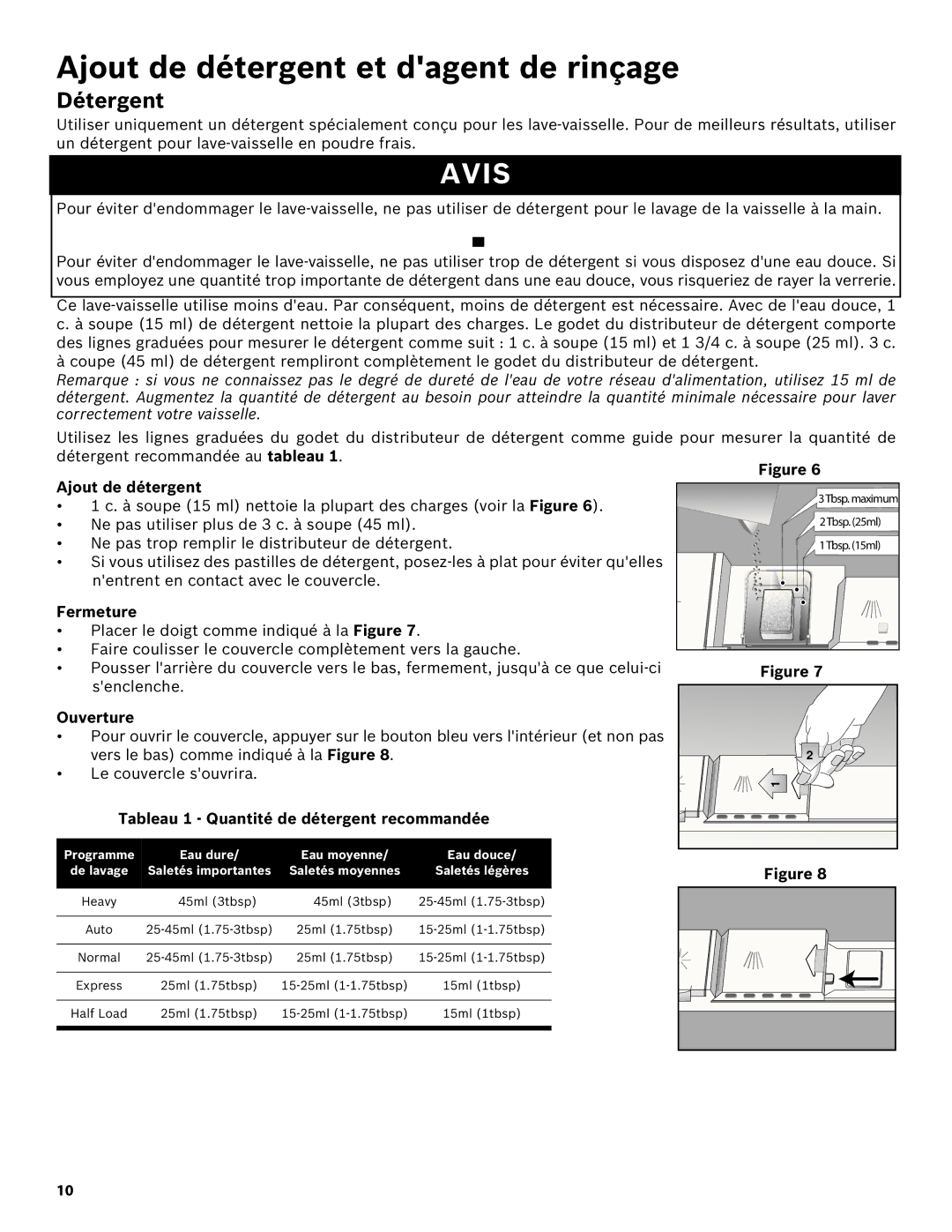 Bosch Appliances SHE43R5XUC manual Ajout de détergent et dagent de rinçage, Détergent 