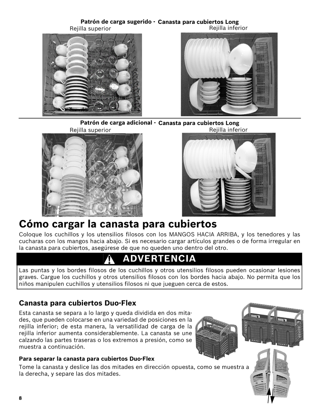 Bosch Appliances SHE43R5XUC manual Cómo cargar la canasta para cubiertos, Canasta para cubiertos Duo-Flex 