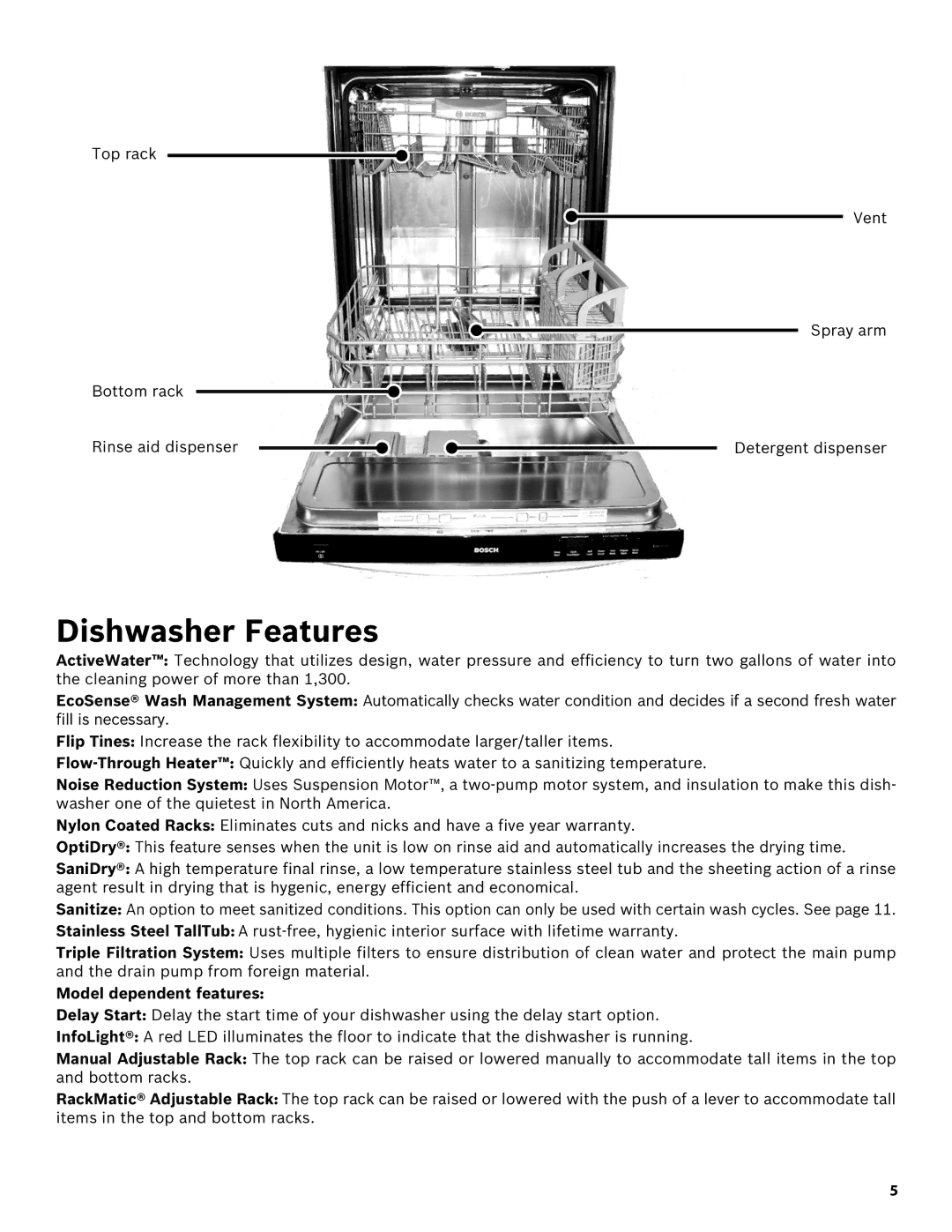 Bosch Appliances SHE43R5XUC manual Dishwasher Features, Model dependent features 