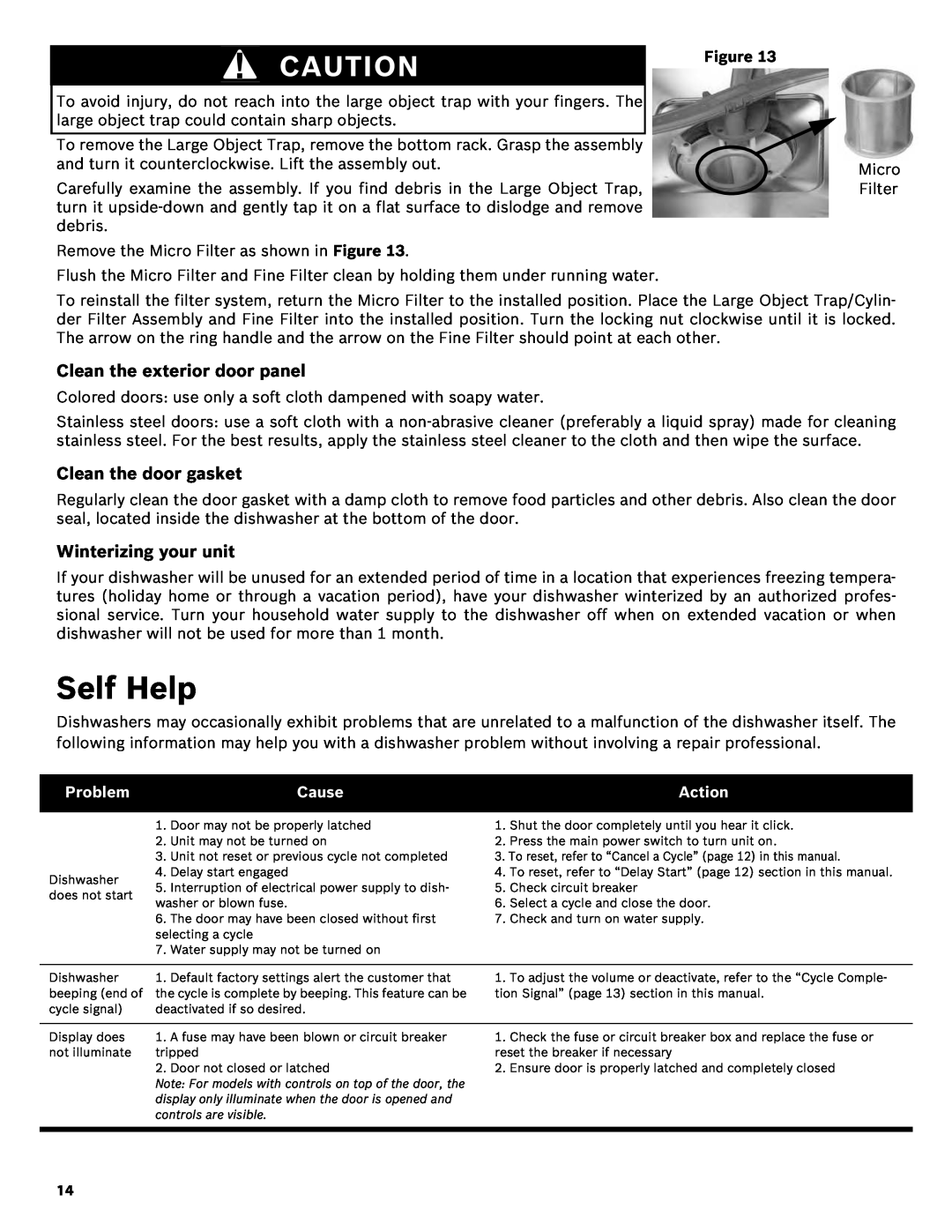 Bosch Appliances SHE43R5XUC manual Self Help, Figure, Problem, Cause, Action 
