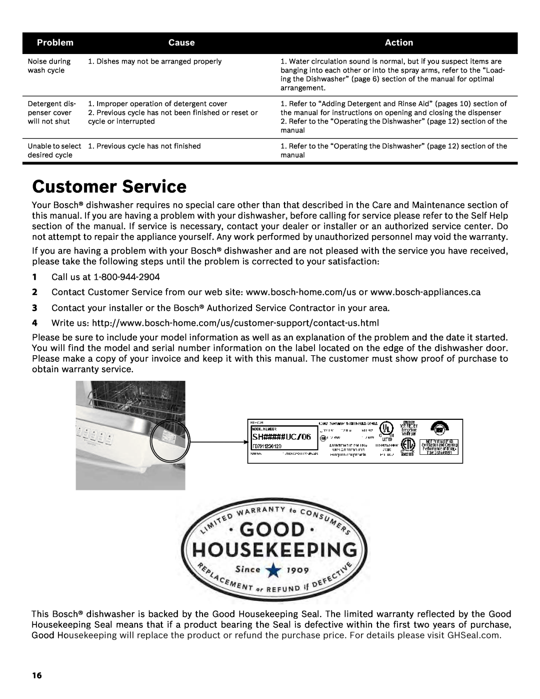 Bosch Appliances SHE43R5XUC manual Customer Service 