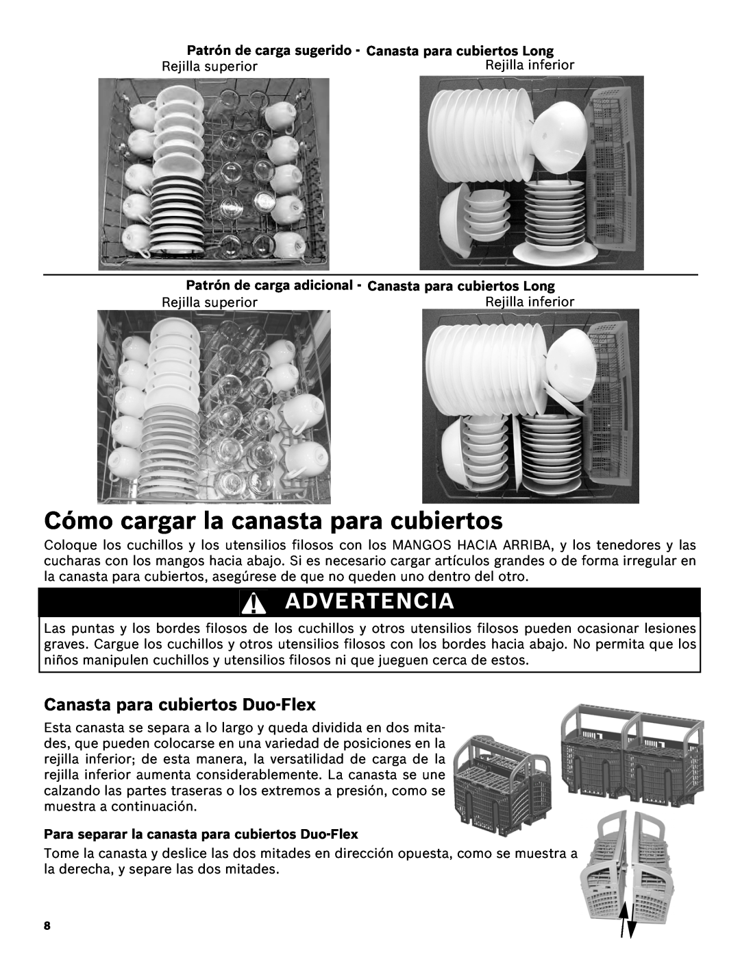 Bosch Appliances SHE43R5XUC manual Cómo cargar la canasta para cubiertos, Canasta para cubiertos Duo-Flex, Advertencia 