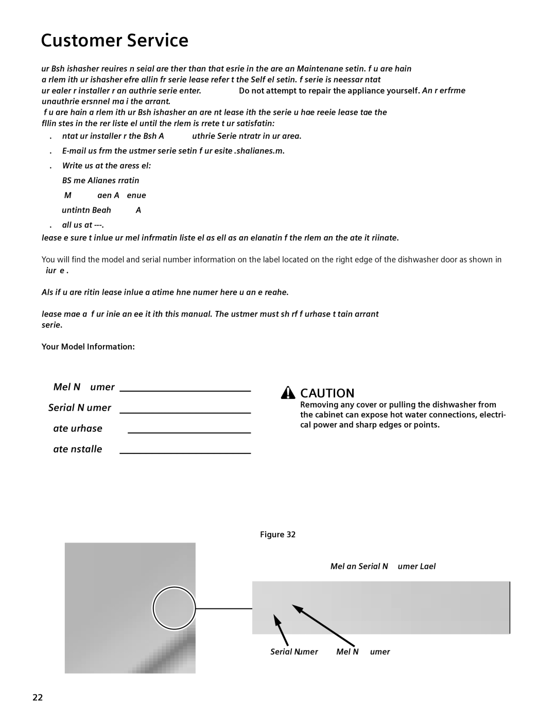 Bosch Appliances SHE44C manual Customer Service, Your Model Information 