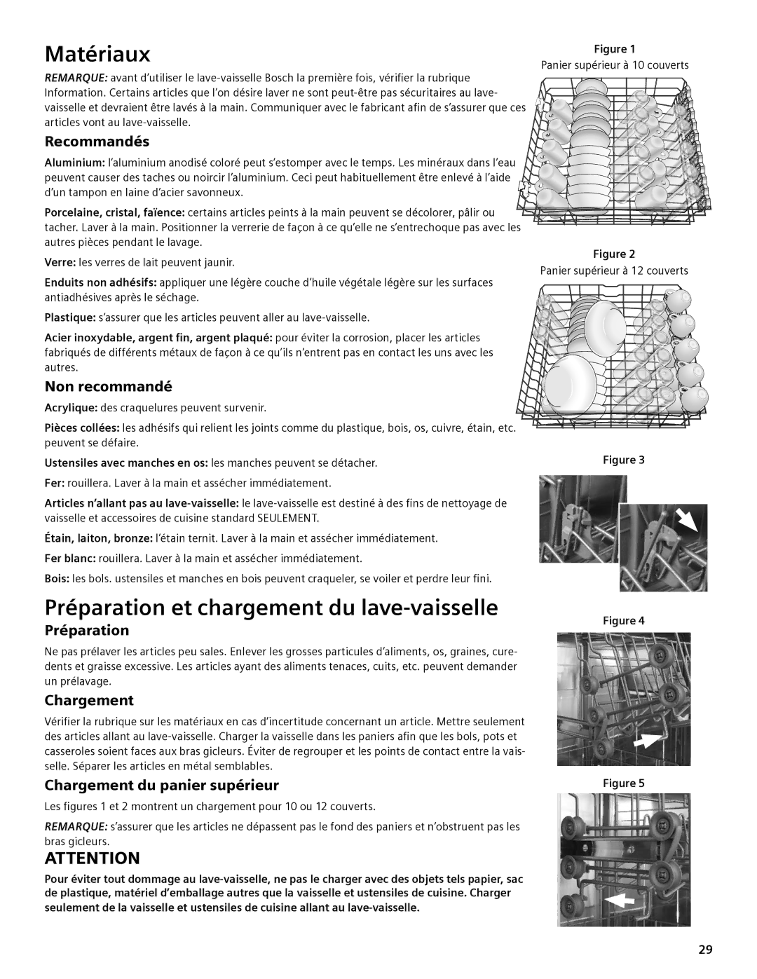 Bosch Appliances SHE44C manual Matériaux, Préparation et chargement du lave-vaisselle 