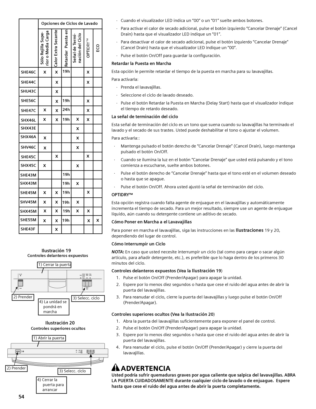 Bosch Appliances SHE44C manual Controles delanteros expuestos, Controles superiores ocultos, Retardar la Puesta en Marcha 