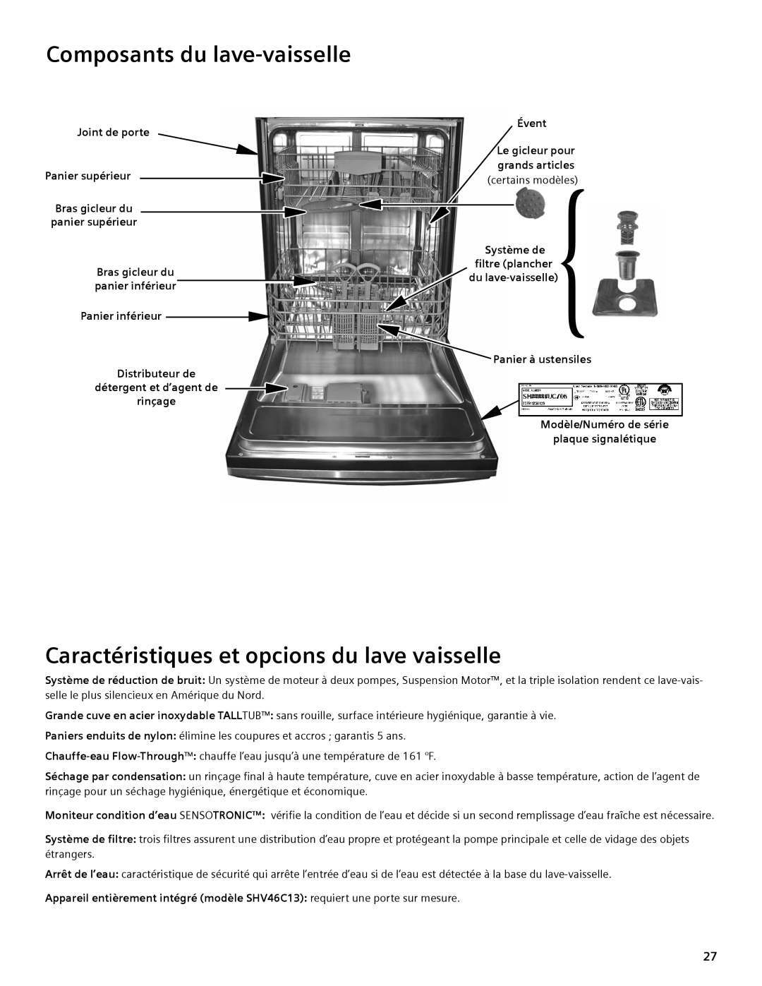 Bosch Appliances SHE44C manual Composants du lave-vaisselle, Caractéristiques et opcions du lave vaisselle, Évent 