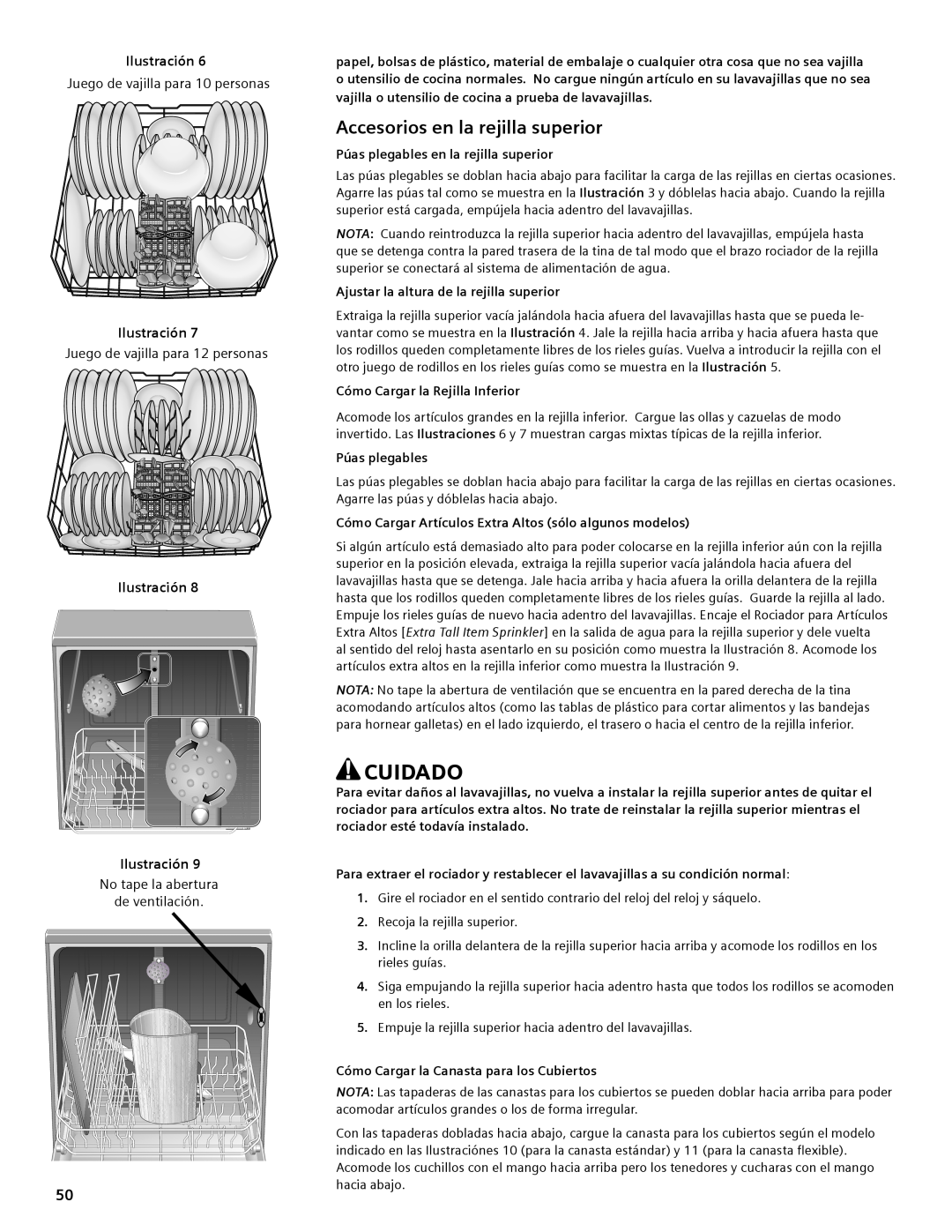 Bosch Appliances SHE44C manual Cuidado, Accesorios en la rejilla superior, Juego de vajilla para 10 personas 