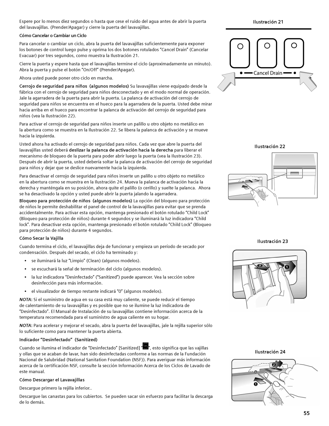 Bosch Appliances SHE44C manual Cancel Drain, Cómo Cancelar o Cambiar un Ciclo, Cómo Secar la Vajilla 