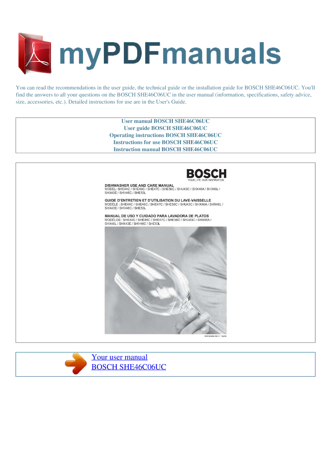 Bosch Appliances user manual Bosch SHE46C06UC 