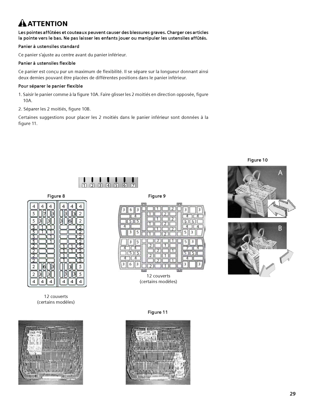 Bosch Appliances SHX3AM manual Panier à ustensiles standard, Panier à ustensiles flexible, Pour séparer le panier flexible 