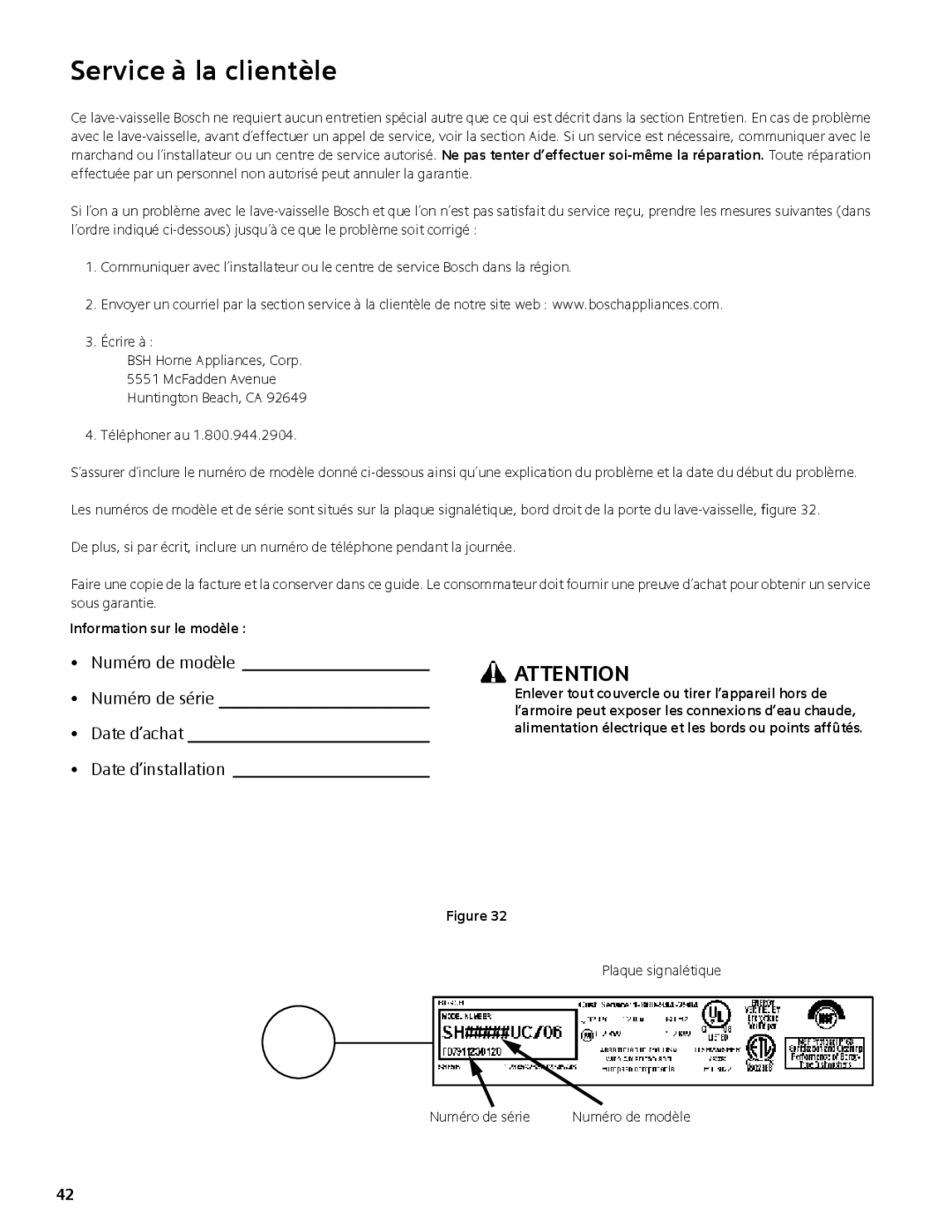 Bosch Appliances SHE5AM, SHE4AM, SHX3AM manual Service à la clientèle, Information sur le modèle 