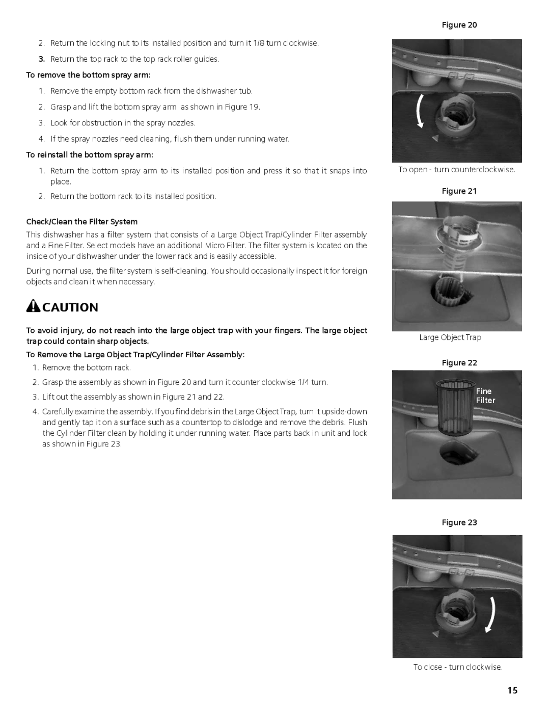 Bosch Appliances SHX6AP To remove the bottom spray arm, To reinstall the bottom spray arm, Check/Clean the Filter System 