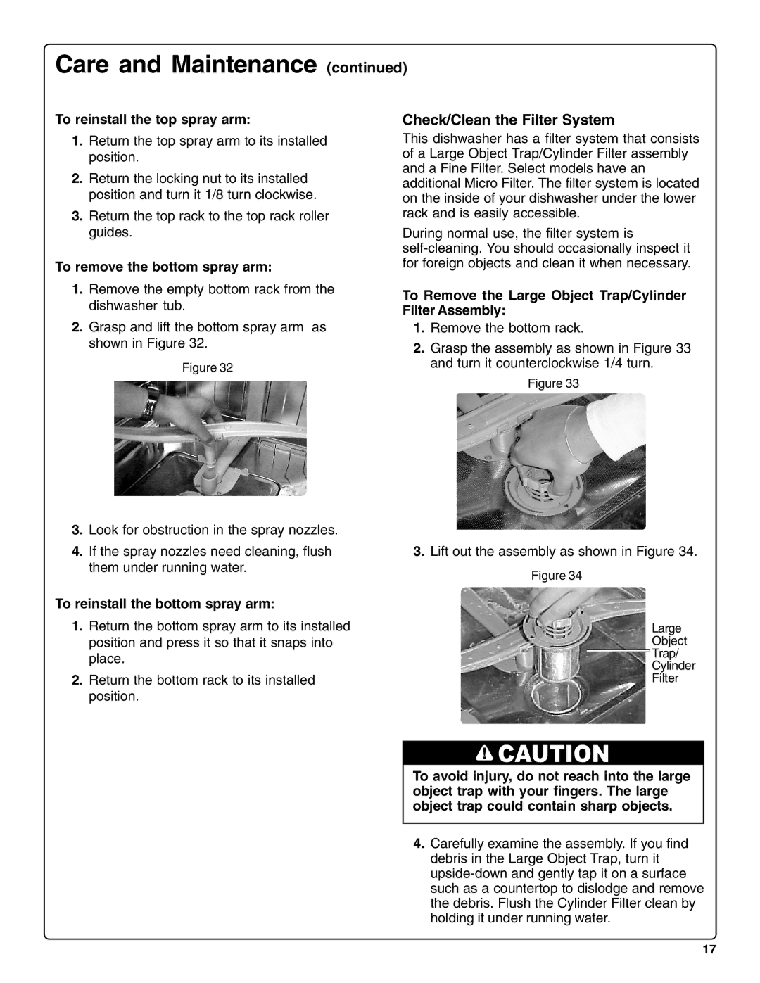 Bosch Appliances SHE66C Check/Clean the Filter System, To reinstall the top spray arm, To remove the bottom spray arm 