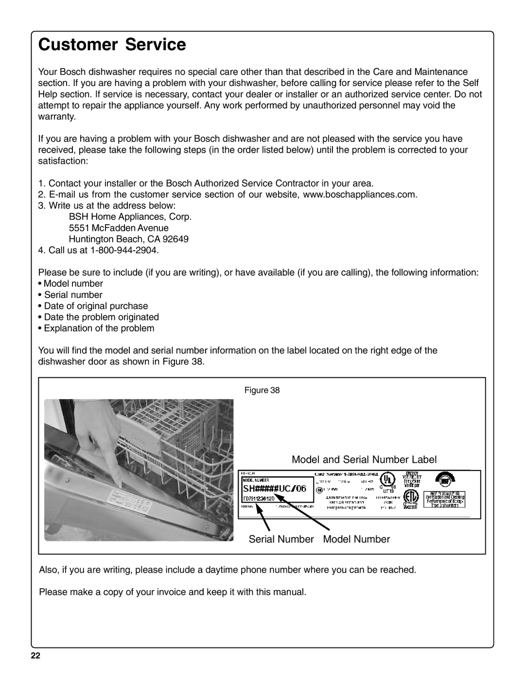 Bosch Appliances SHE66C Customer Service, Model and Serial Number Label Serial Number Model Number 