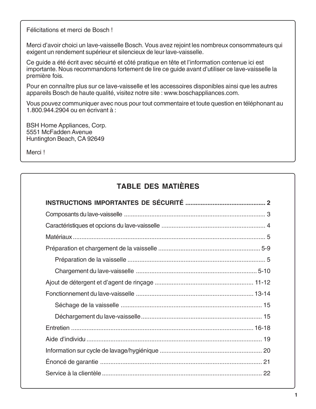 Bosch Appliances SHE66C installation instructions Table DES Matières 