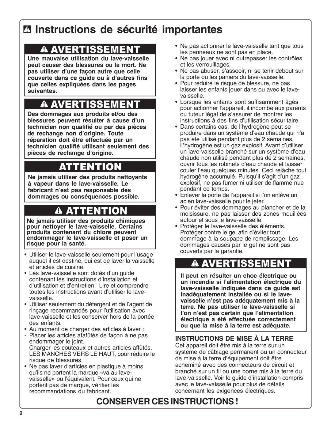 Bosch Appliances SHE66C installation instructions Instructions de sécurité importantes, Avertissement 