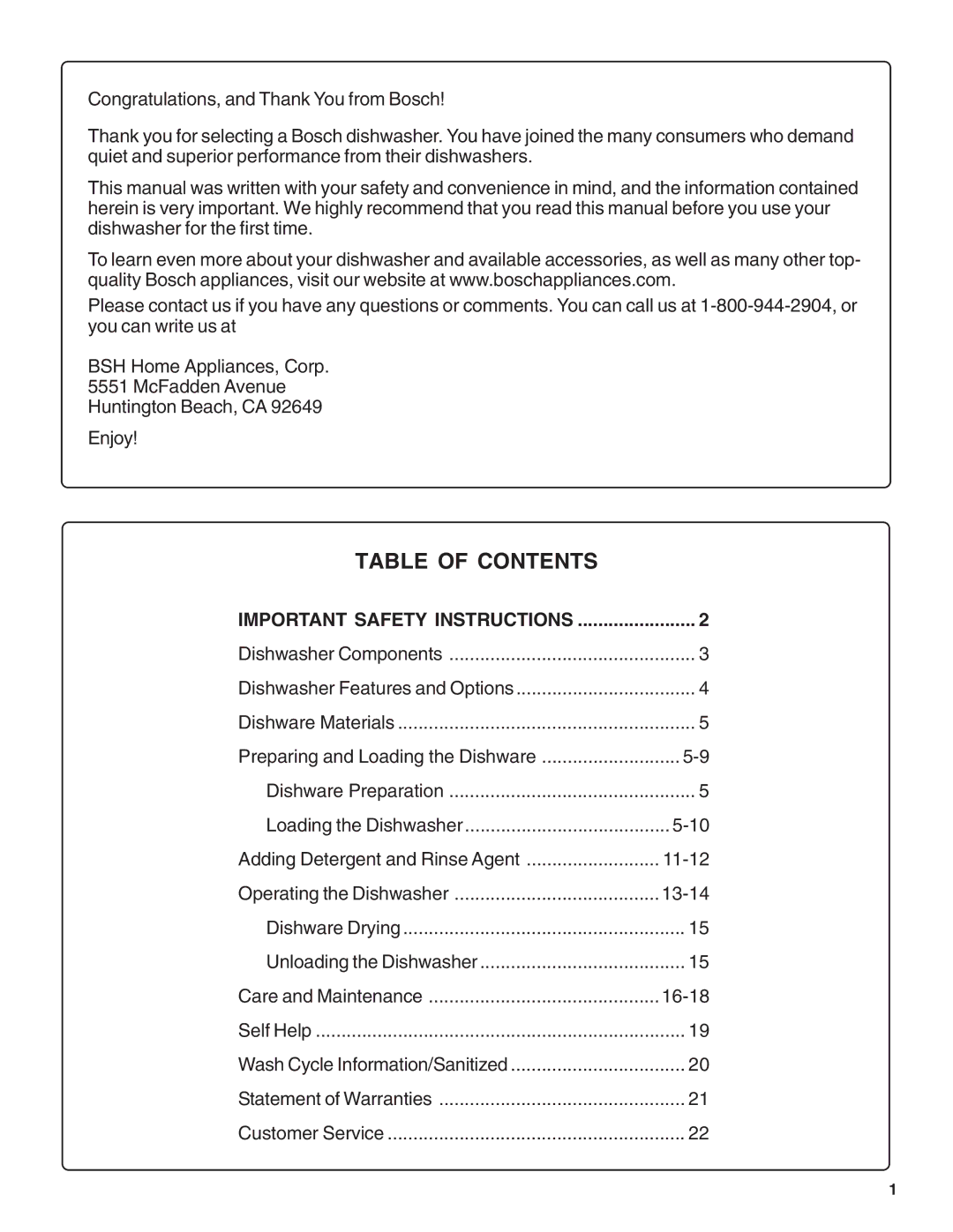 Bosch Appliances SHE66C installation instructions Table of Contents 