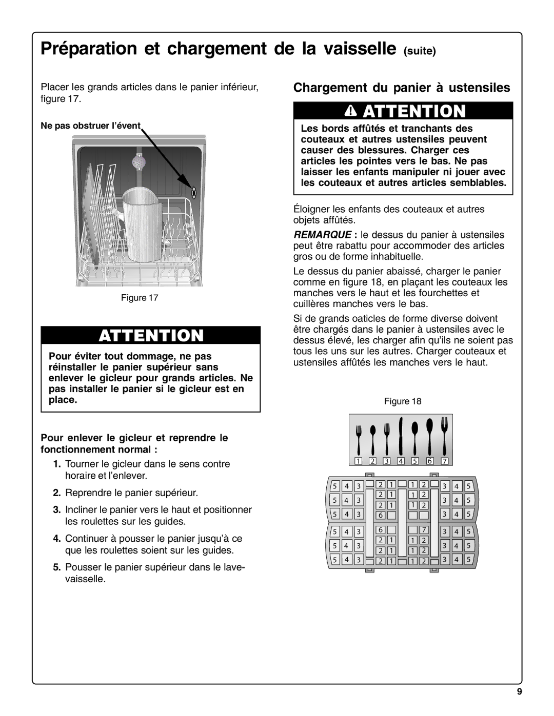 Bosch Appliances SHE66C installation instructions Chargement du panier à ustensiles, Ne pas obstruer l’évent 