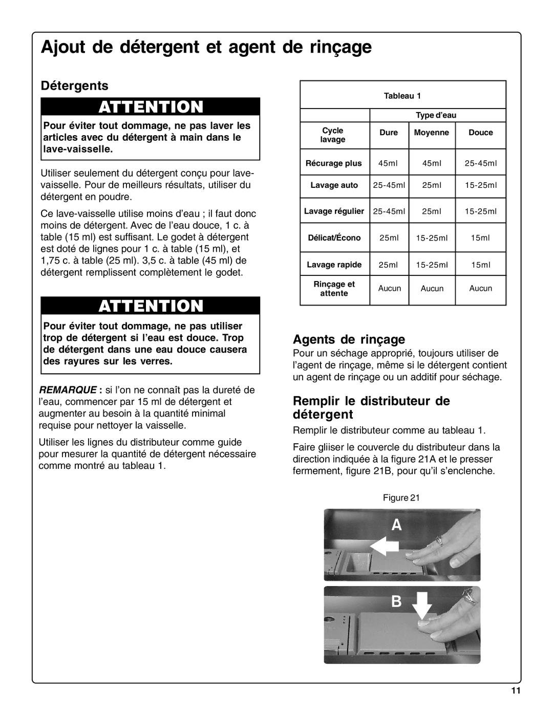 Bosch Appliances SHE66C installation instructions Ajout de détergent et agent de rinçage, Détergents, Agents de rinçage 