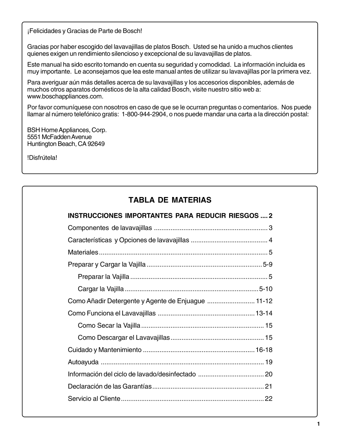 Bosch Appliances SHE66C installation instructions Tabla DE Materias 