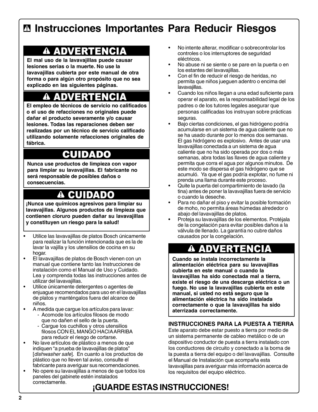 Bosch Appliances SHE66C installation instructions Instrucciones Importantes Para Reducir Riesgos 