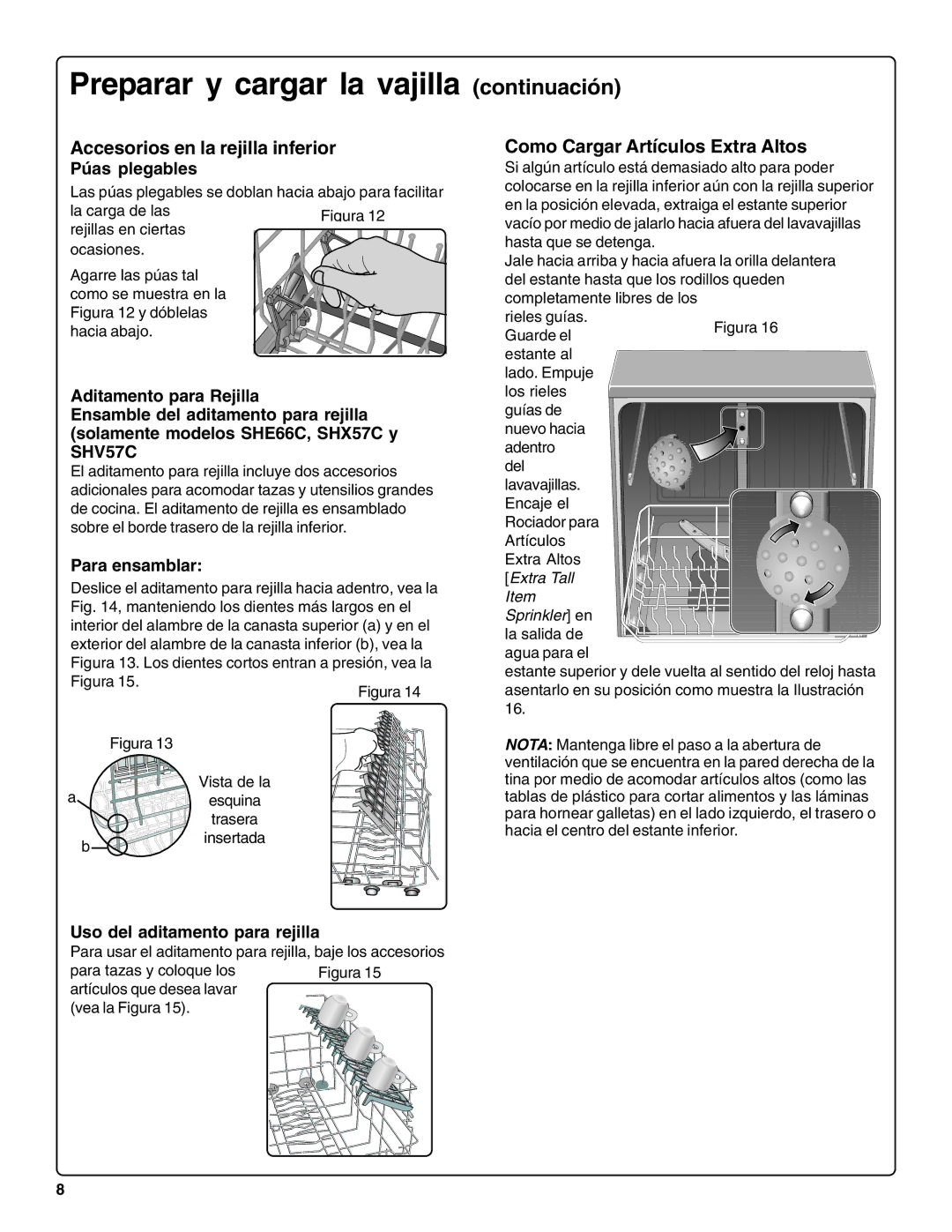 Bosch Appliances SHE66C Accesorios en la rejilla inferior, Como Cargar Artículos Extra Altos, Púas plegables 