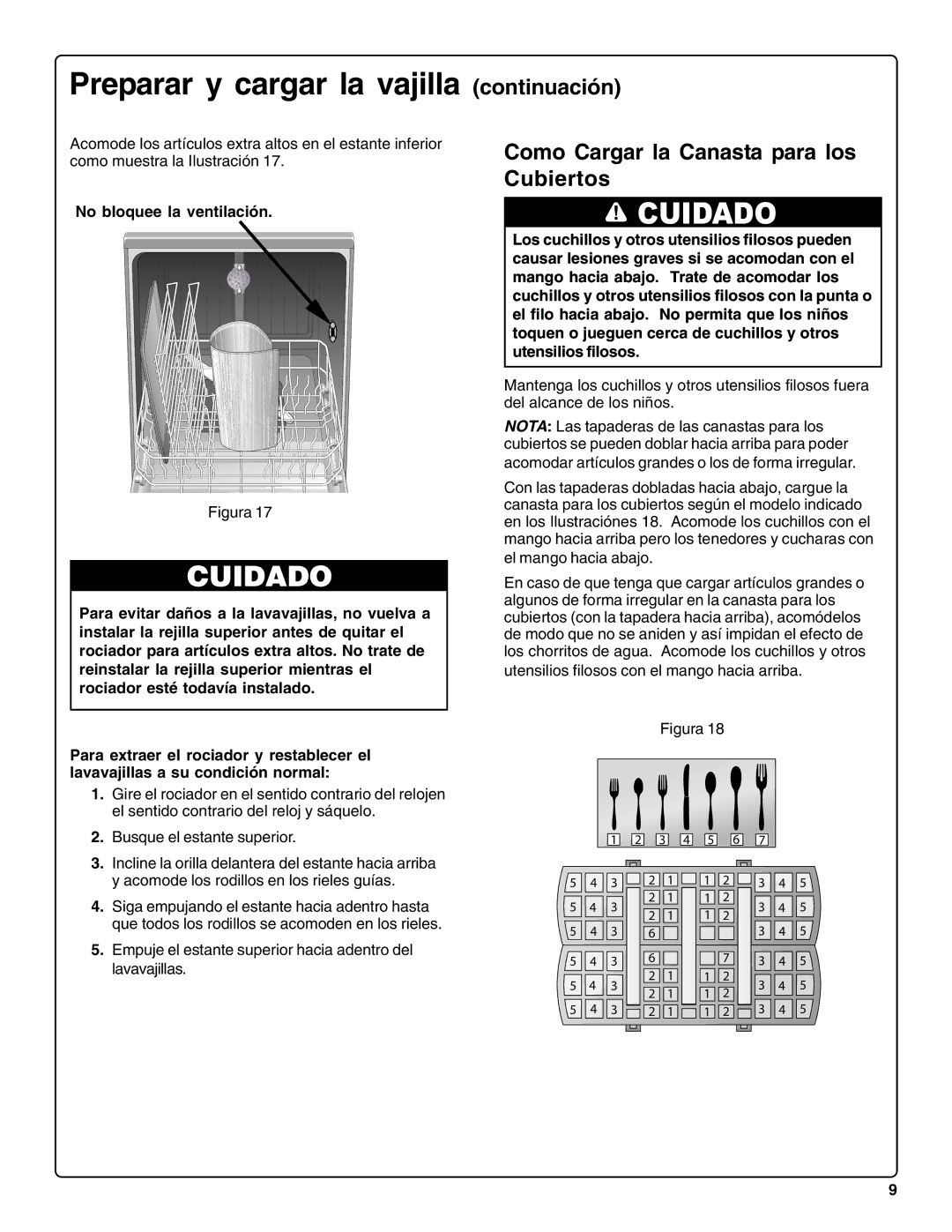 Bosch Appliances SHE66C installation instructions Como Cargar la Canasta para los Cubiertos, No bloquee la ventilación 