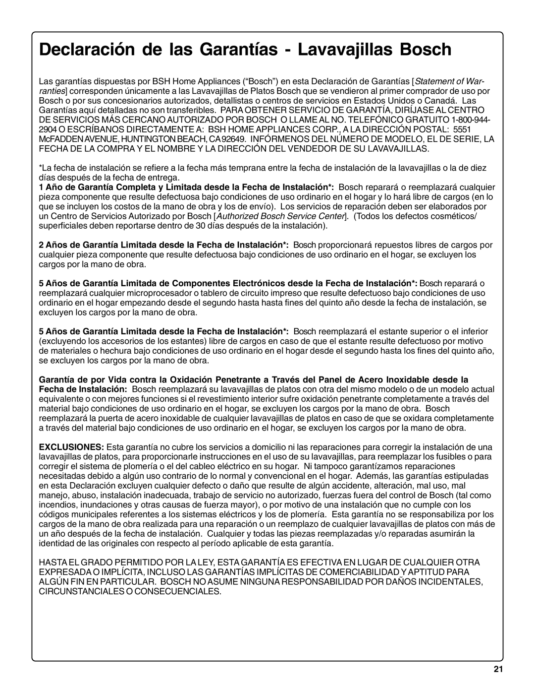 Bosch Appliances SHE66C installation instructions Declaración de las Garantías Lavavajillas Bosch 