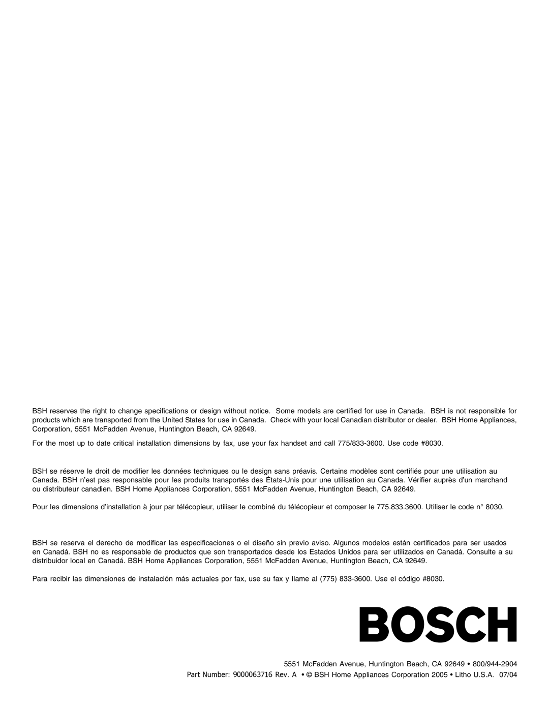 Bosch Appliances SHE66C installation instructions 