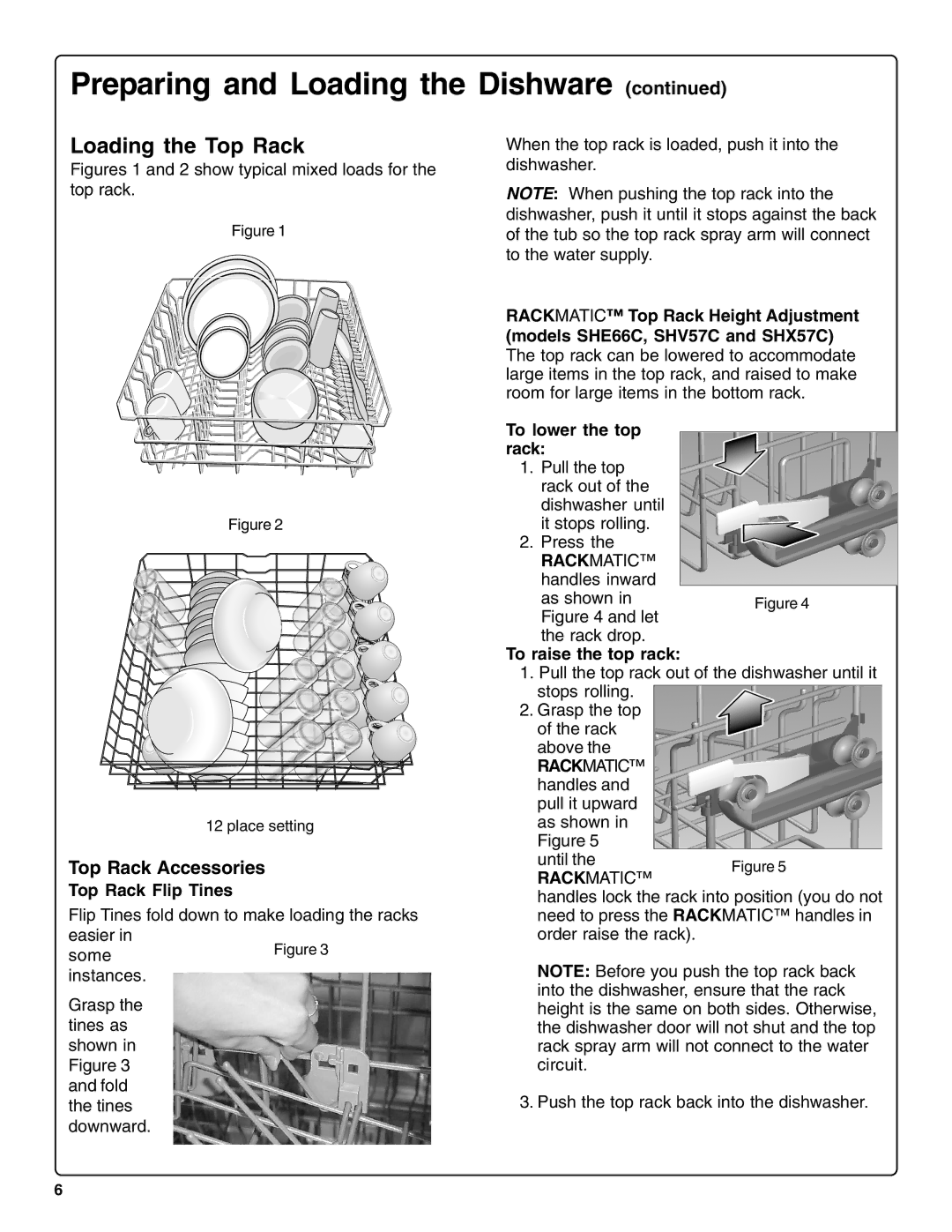 Bosch Appliances SHE66C Loading the Top Rack, Top Rack Accessories, Top Rack Flip Tines, To lower the top rack 