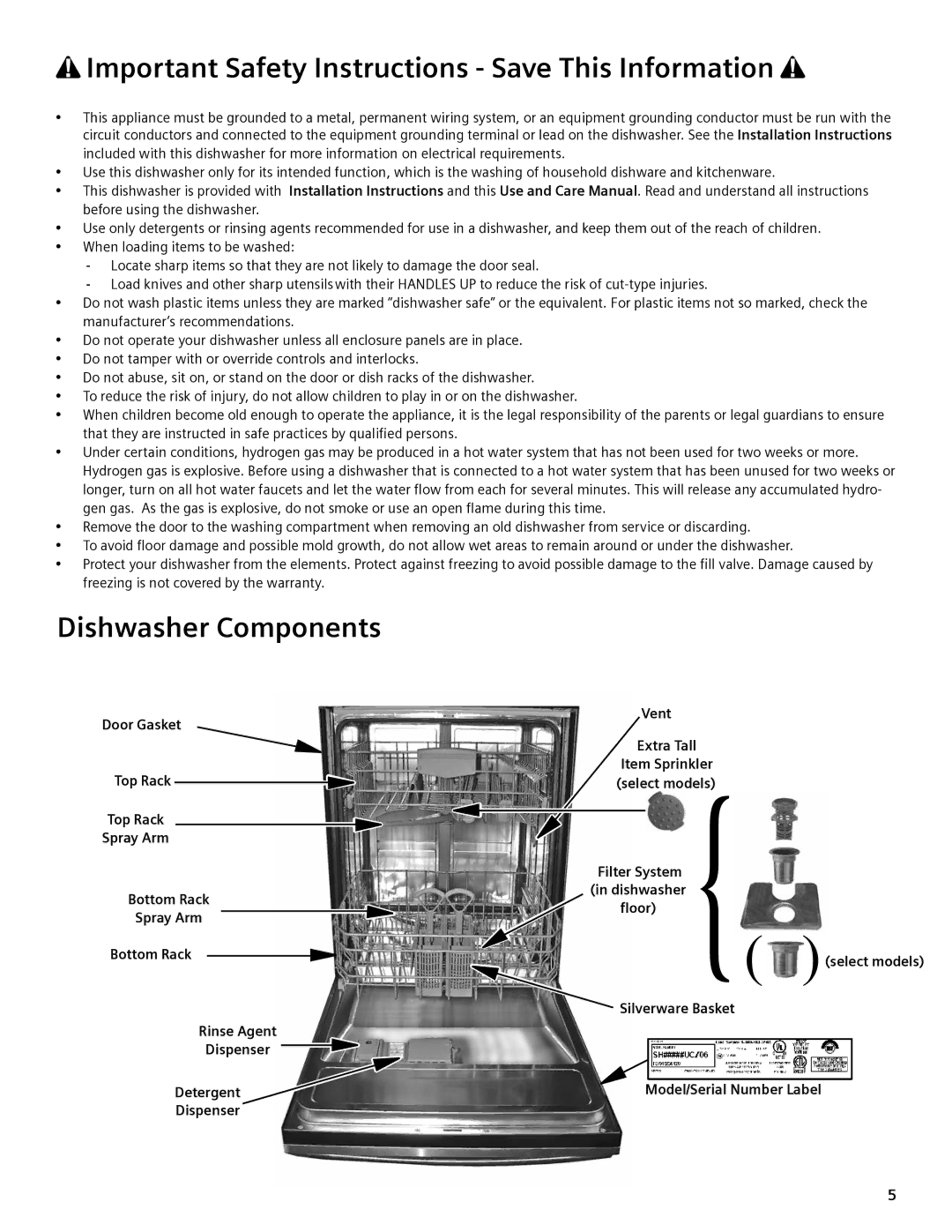 Bosch Appliances sHV57C, sHe68M, sHe58C, sHX68M, sHX57C, sHX56C, sHX55M, sHV68M, sHV56C manual Dishwasher Components 