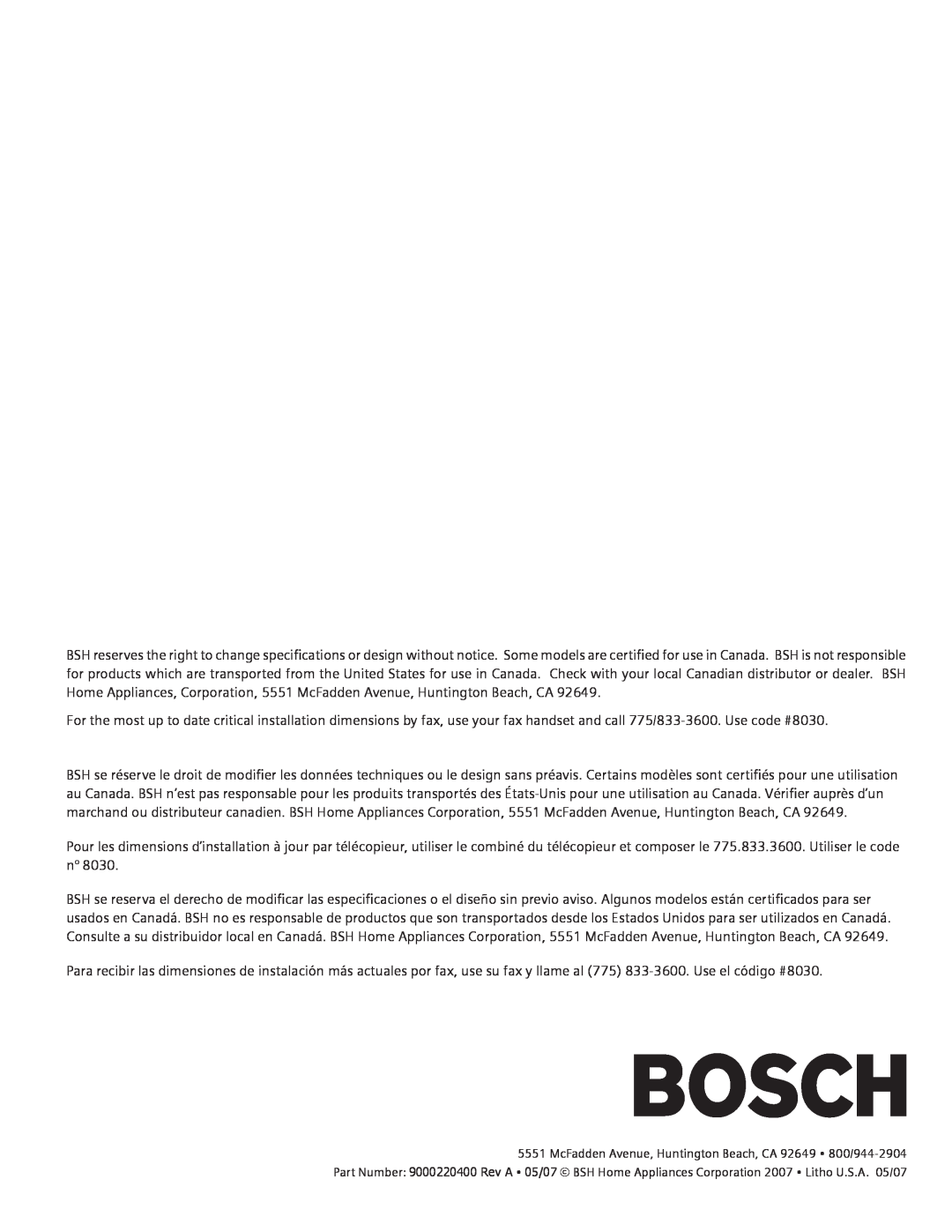 Bosch Appliances SHE98M, SHE99C, SHX98M, SHX99A, SHV98M manual 