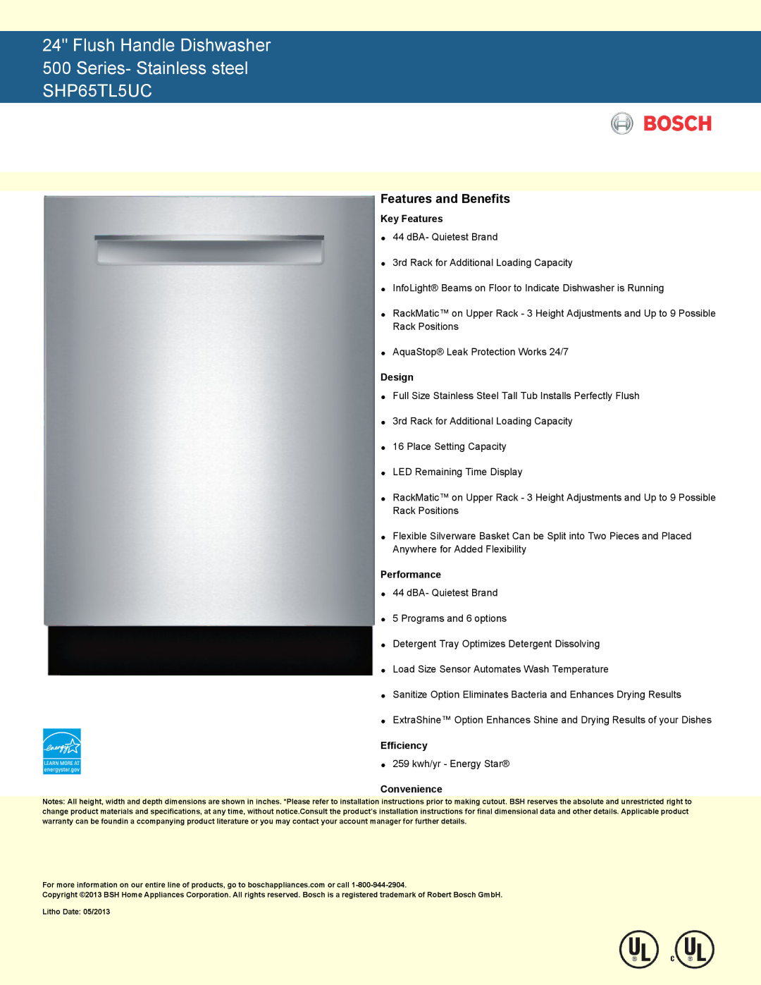 Bosch Appliances SHP65TL5UC manual Feture nd Benefit, Ey Feture Dein Performnce Efficiency Onenience 