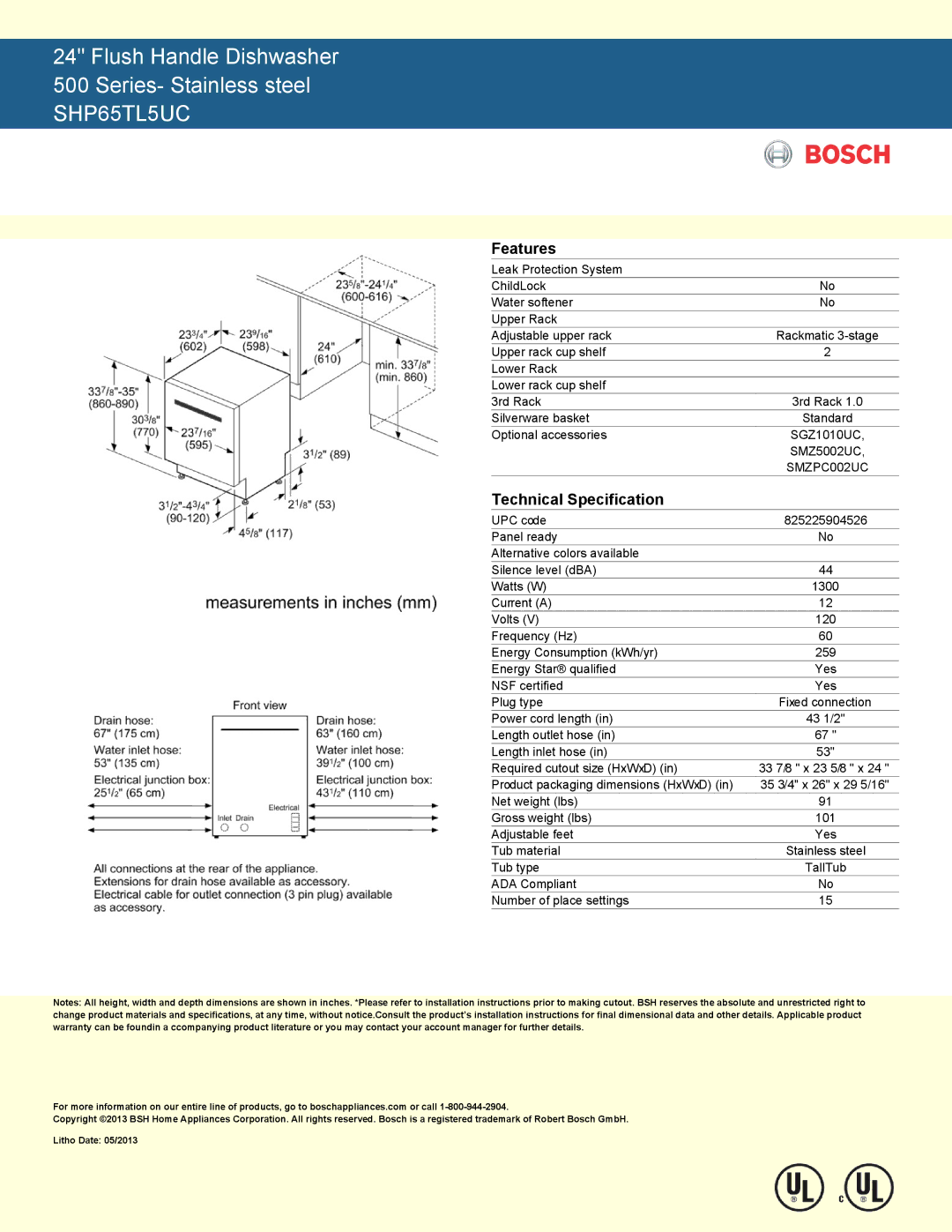 Bosch Appliances SHP65TL5UC manual Feture Technicl pecifiction 