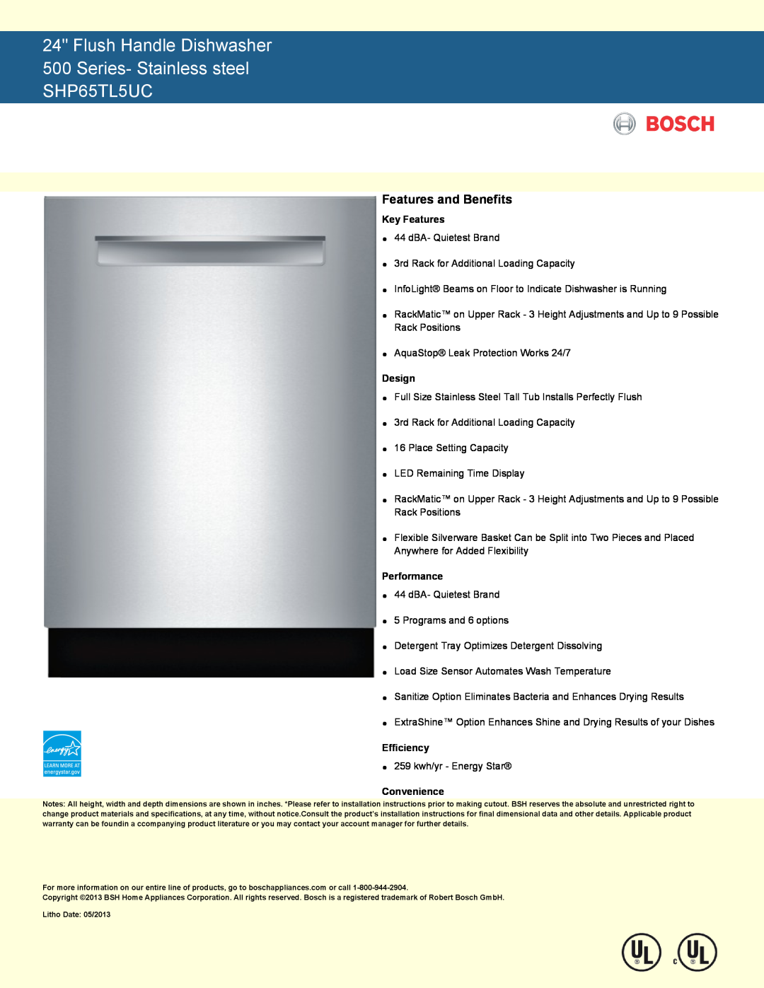 Bosch Appliances SHP65TL5UC manual Feture nd Benefit, ey Feture, Dein, Performnce, Efficiency, onenience 