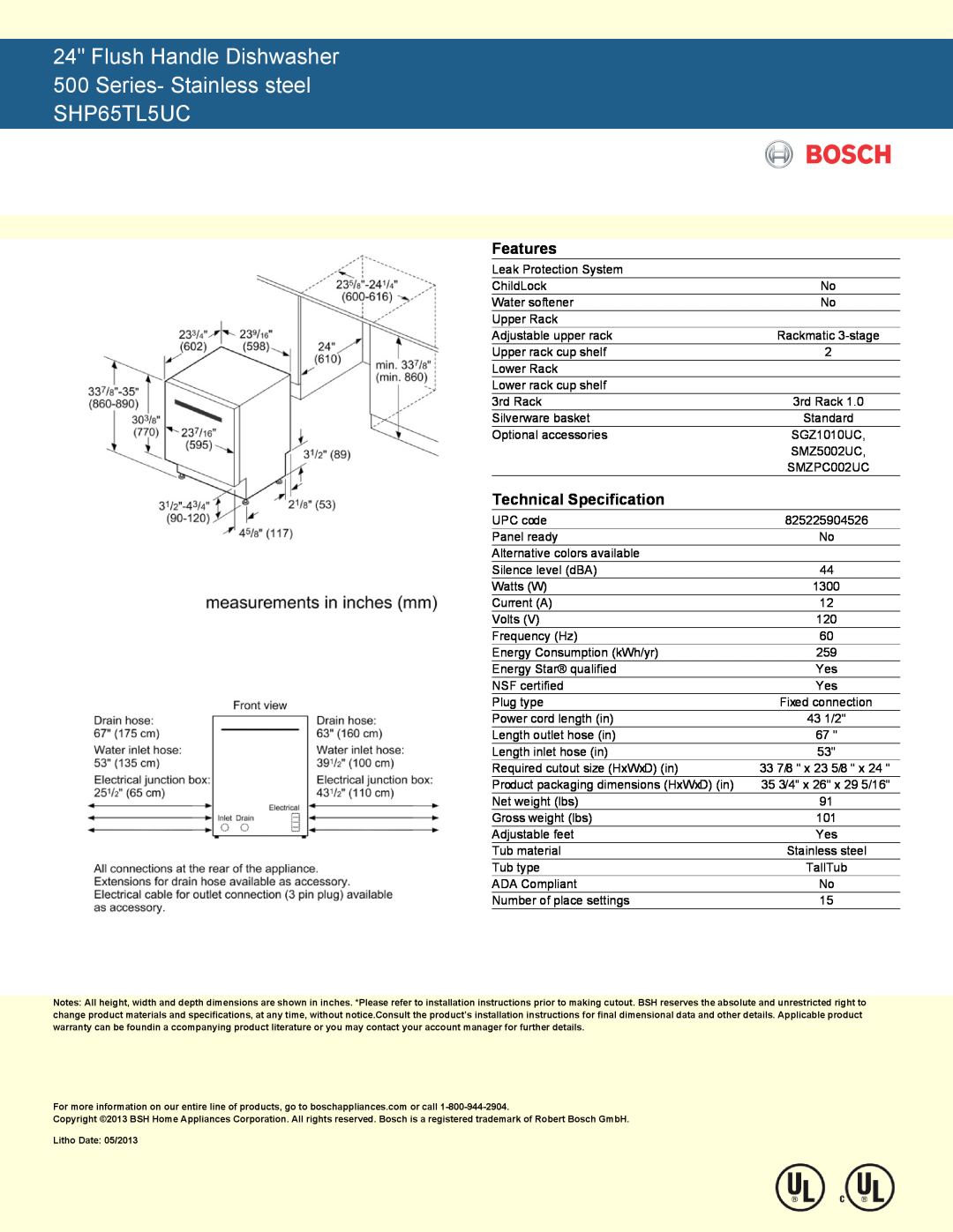 Bosch Appliances SHP65TL5UC manual Feture, Technicl pecifiction 