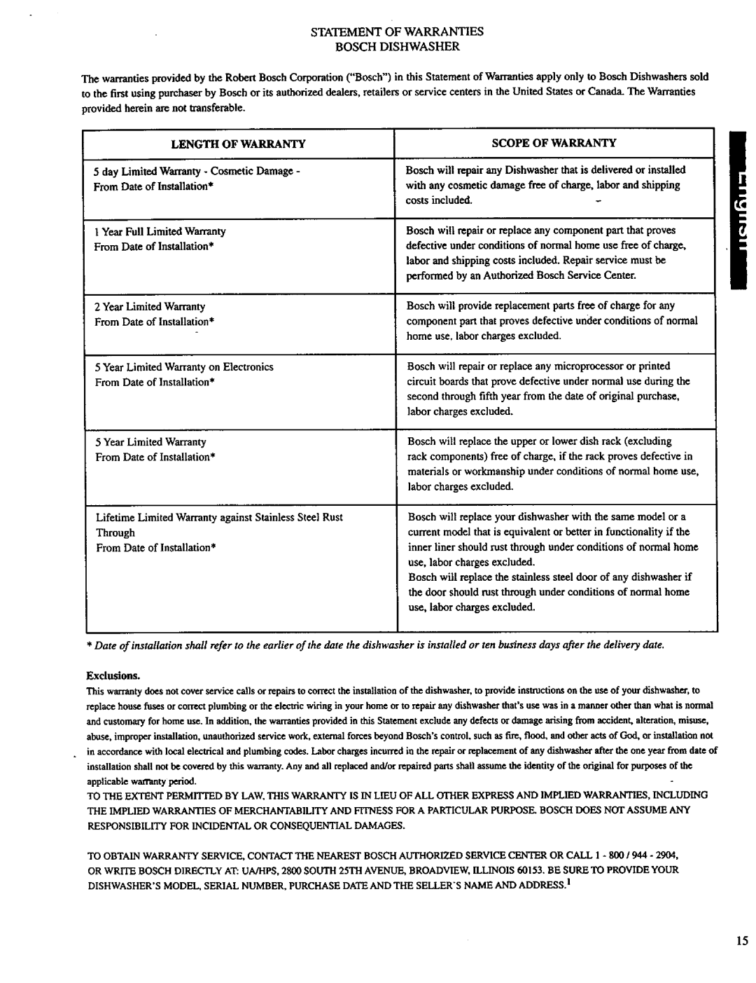 Bosch Appliances SHU 3000, SHU 3012 UC manual Length of Warranty Scope of Warranty 