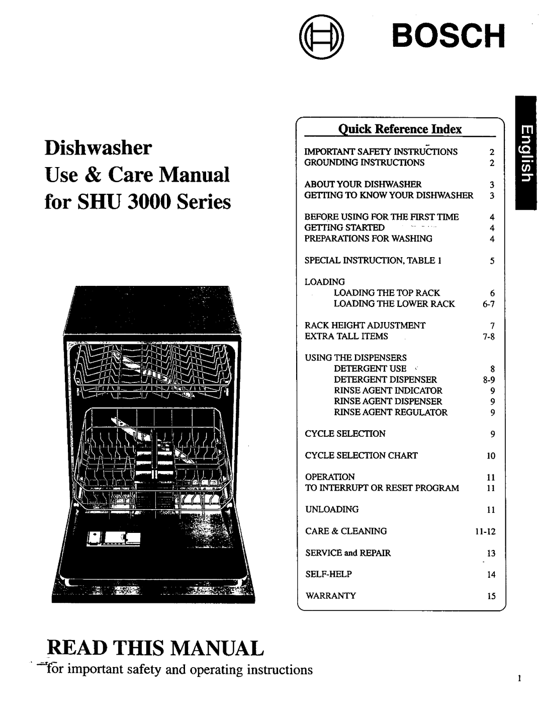 Bosch Appliances Quick Reference Index, @Bosch, Dishwasher Use & Care Manual for SHU 3000 Series, Read This Manual 