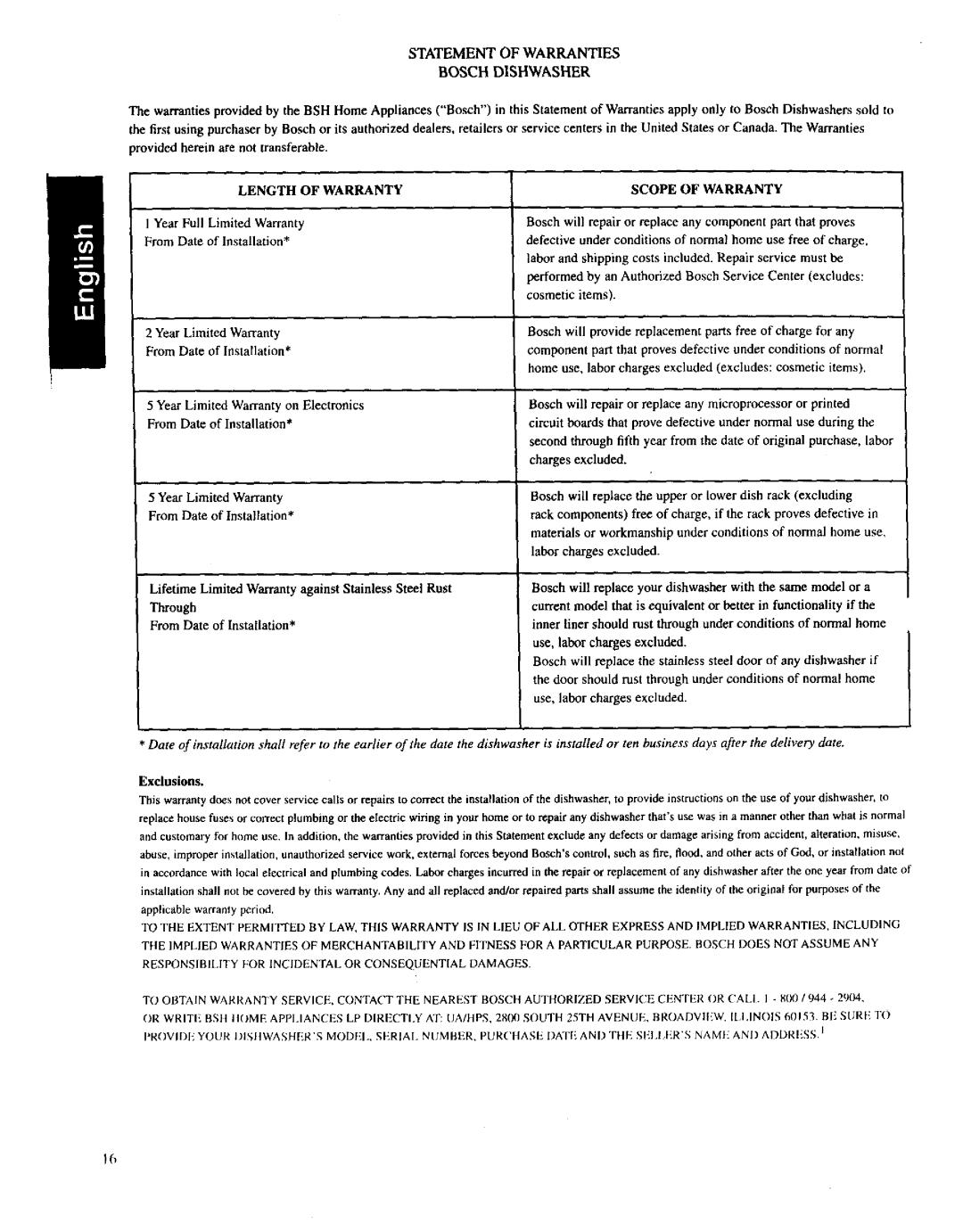 Bosch Appliances SHI 6800, SHU 5300, SHU 6800 Statementofwarranties Boschdishwasher, Length of Warranty Scope of Warranty 