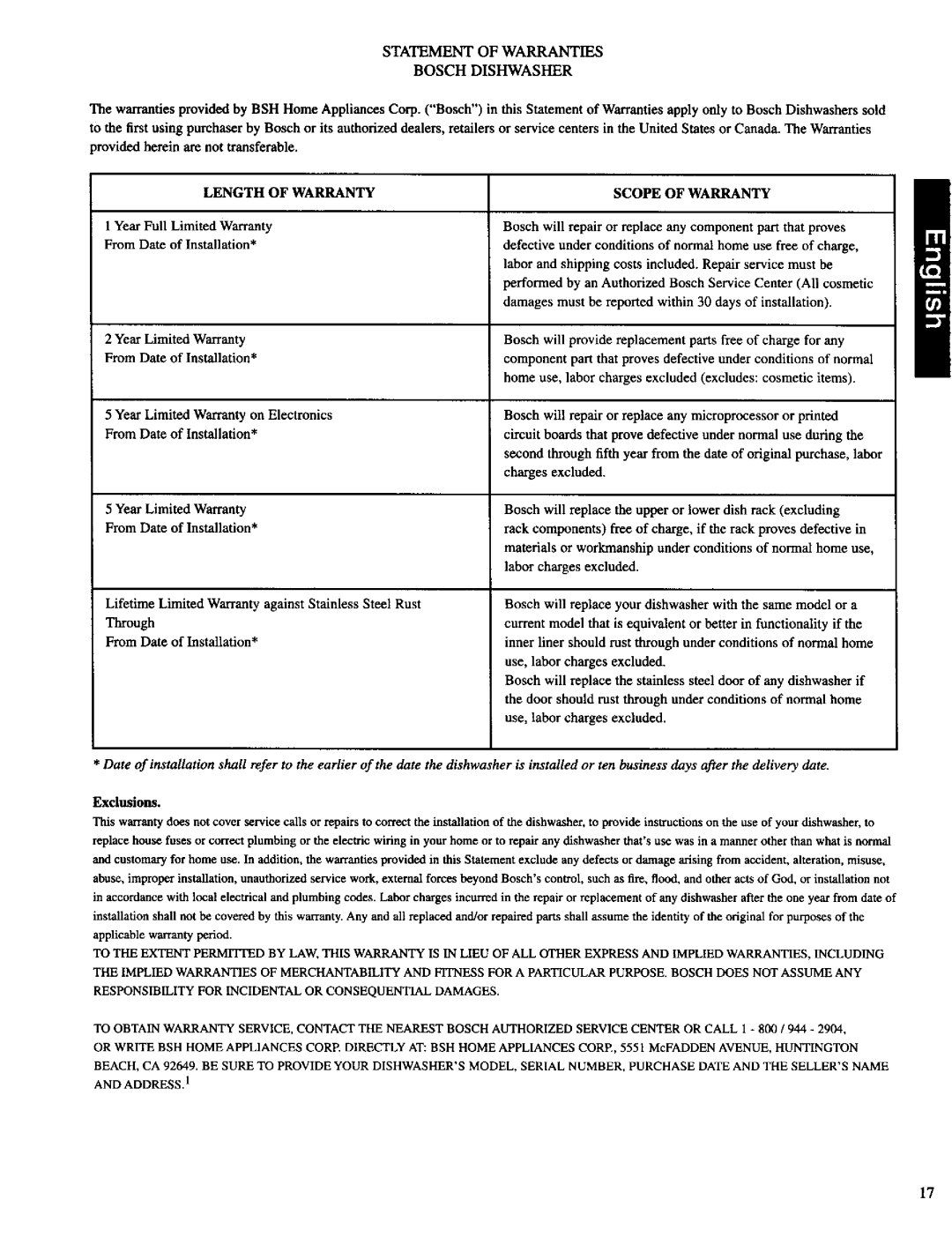 Bosch Appliances SHU 4300, SHU 9900 important safety instructions Statementofwarranties, Bosch Dishwasher 