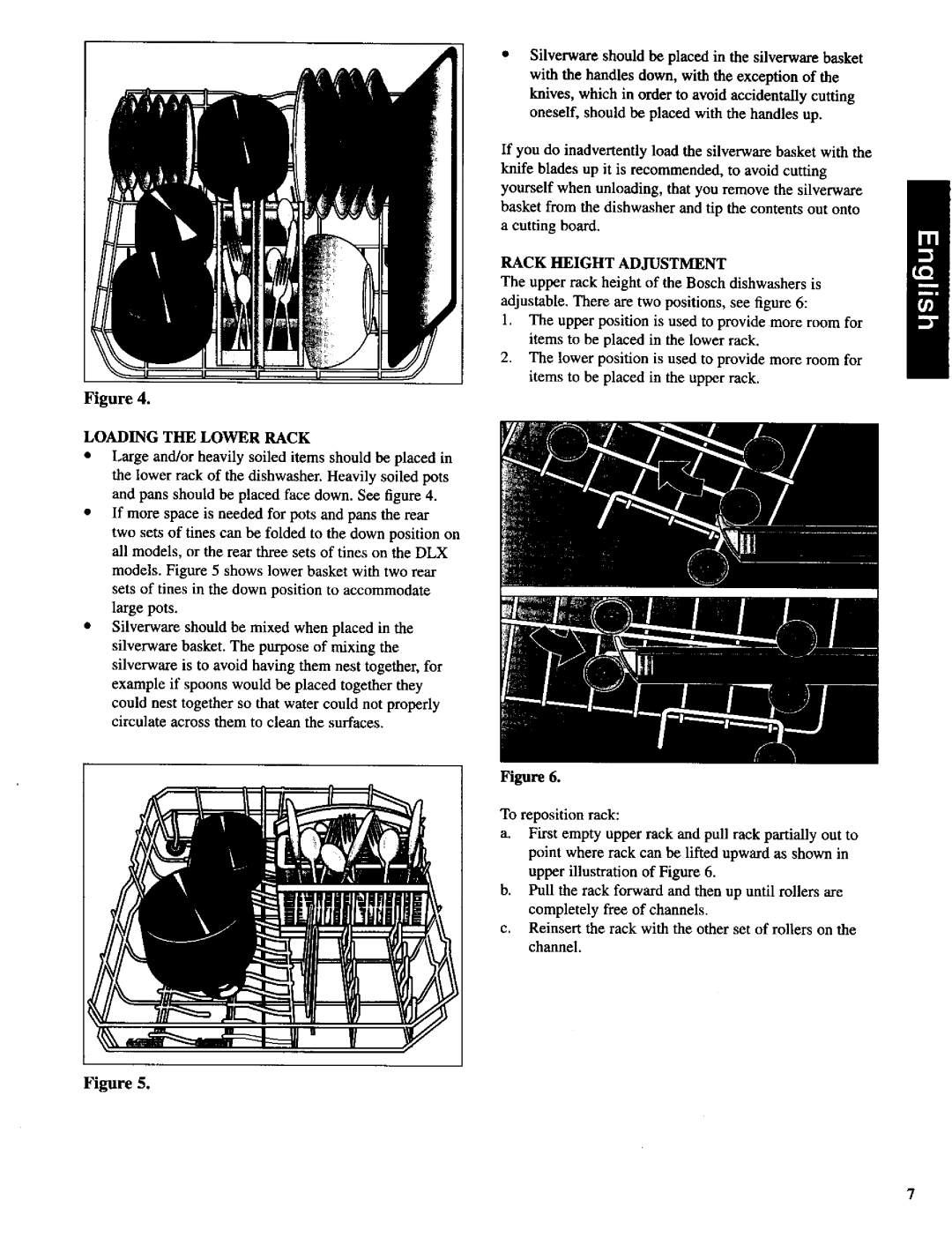 Bosch Appliances SHU 4300, SHU 9900 important safety instructions Loading the Lower Rack, Rack Height Adjustment 