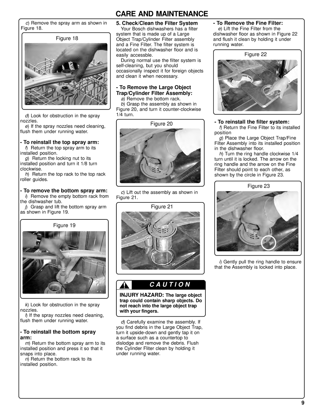 Bosch Appliances SHU42L manual Check/Clean the Filter System, To Remove the Large Object Trap/Cylinder Filter Assembly 