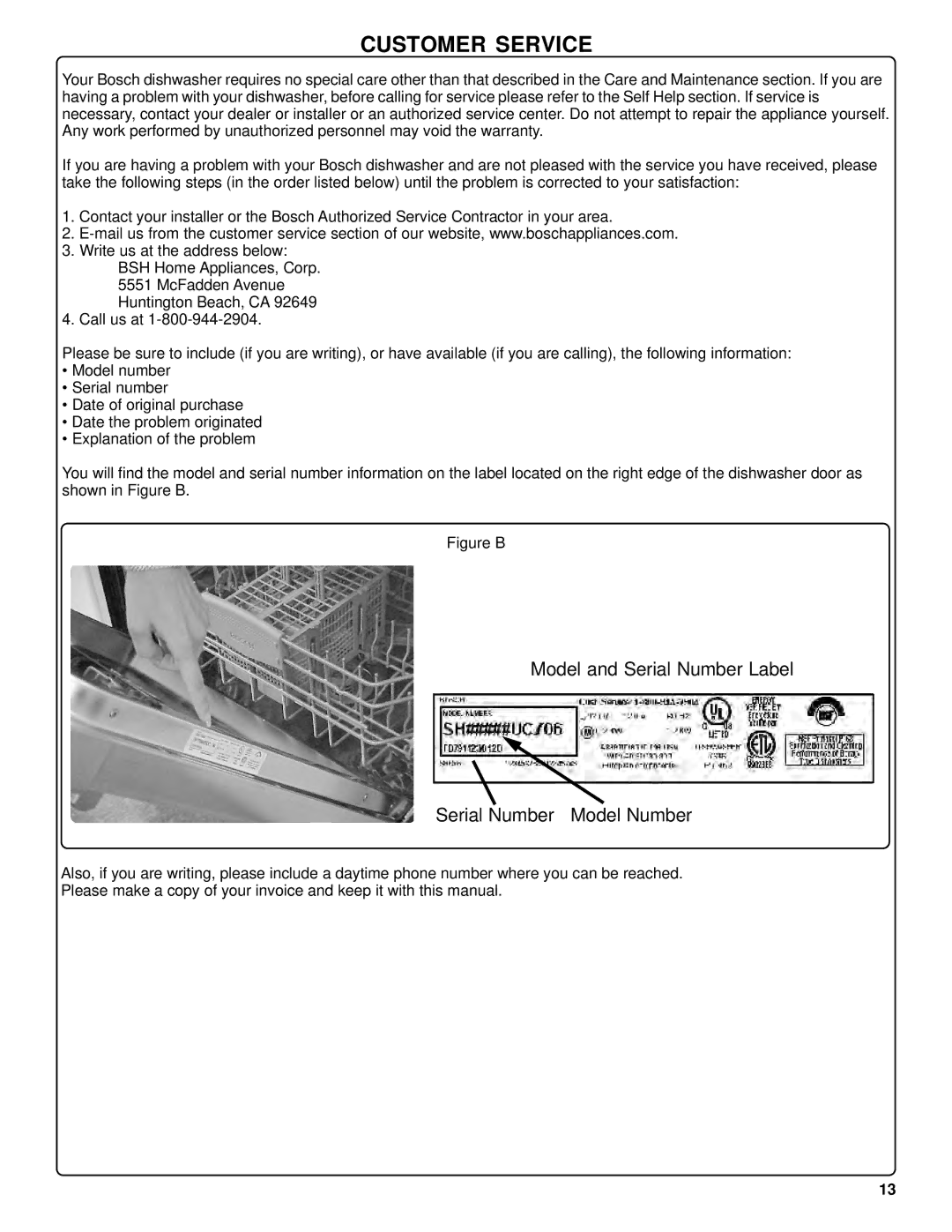 Bosch Appliances SHU42L manual Customer Service, Model and Serial Number Label Serial Number Model Number 