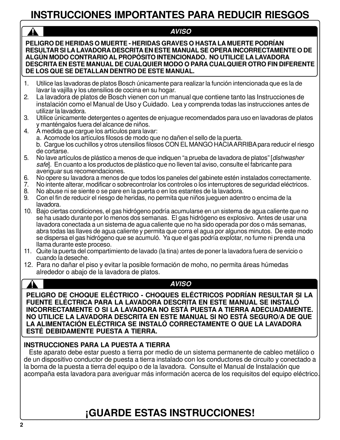 Bosch Appliances SHU42L manual Instrucciones Importantes Para Reducir Riesgos 