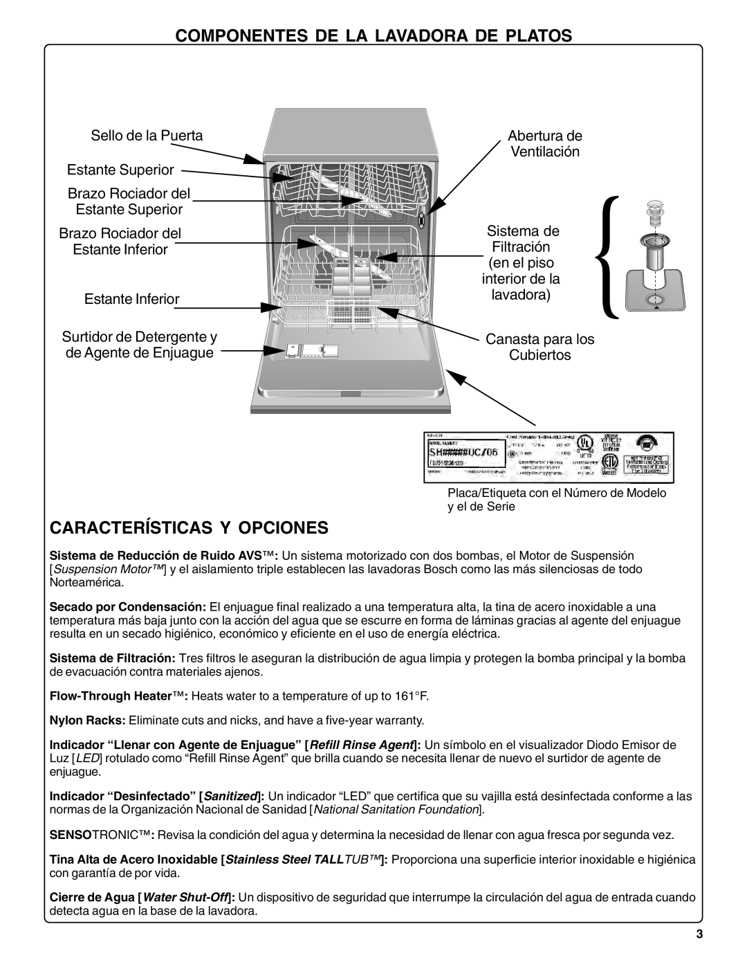 Bosch Appliances SHU42L manual Componentes DE LA Lavadora DE Platos, Características Y Opciones 