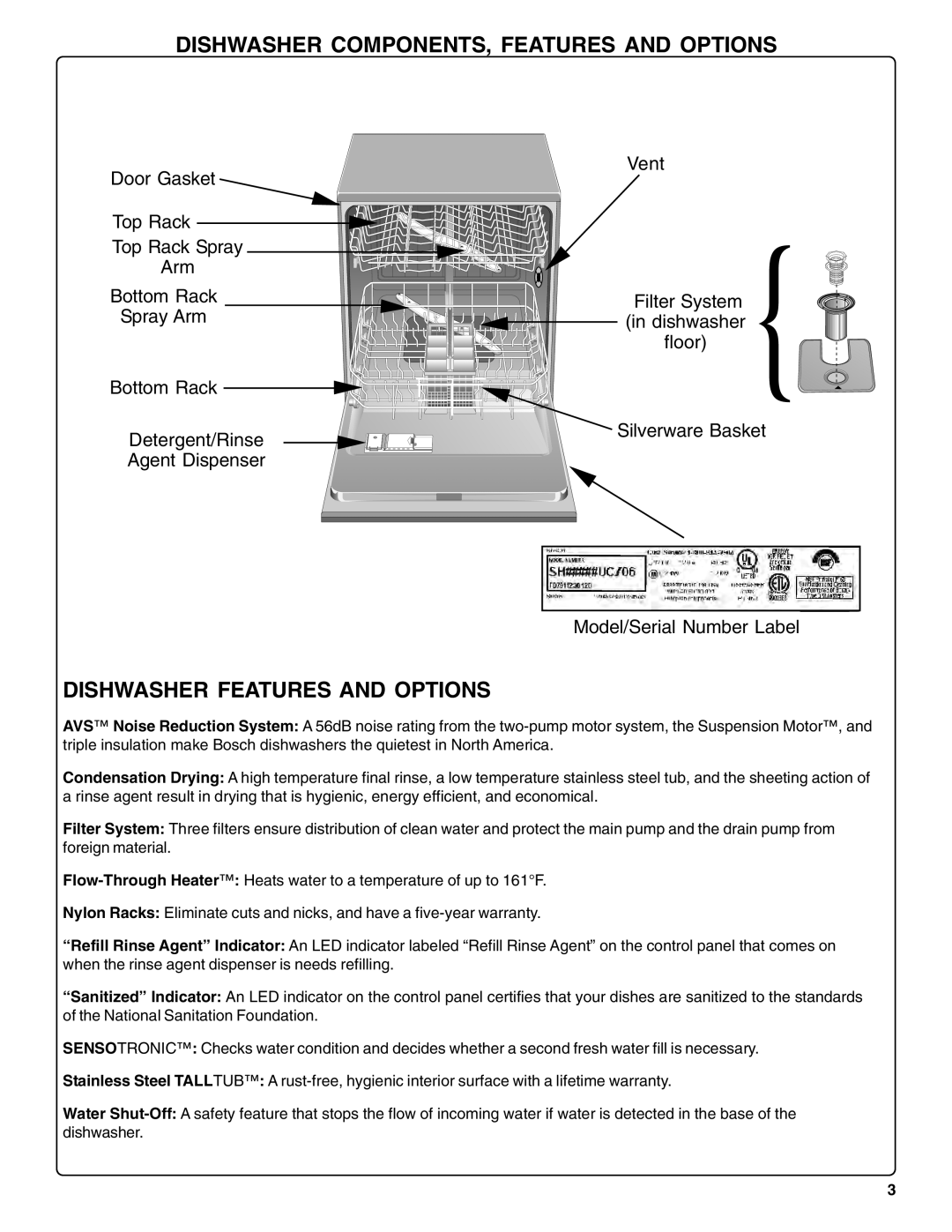 Bosch Appliances SHU42L manual Dishwasher COMPONENTS, Features and Options, Dishwasher Features and Options 