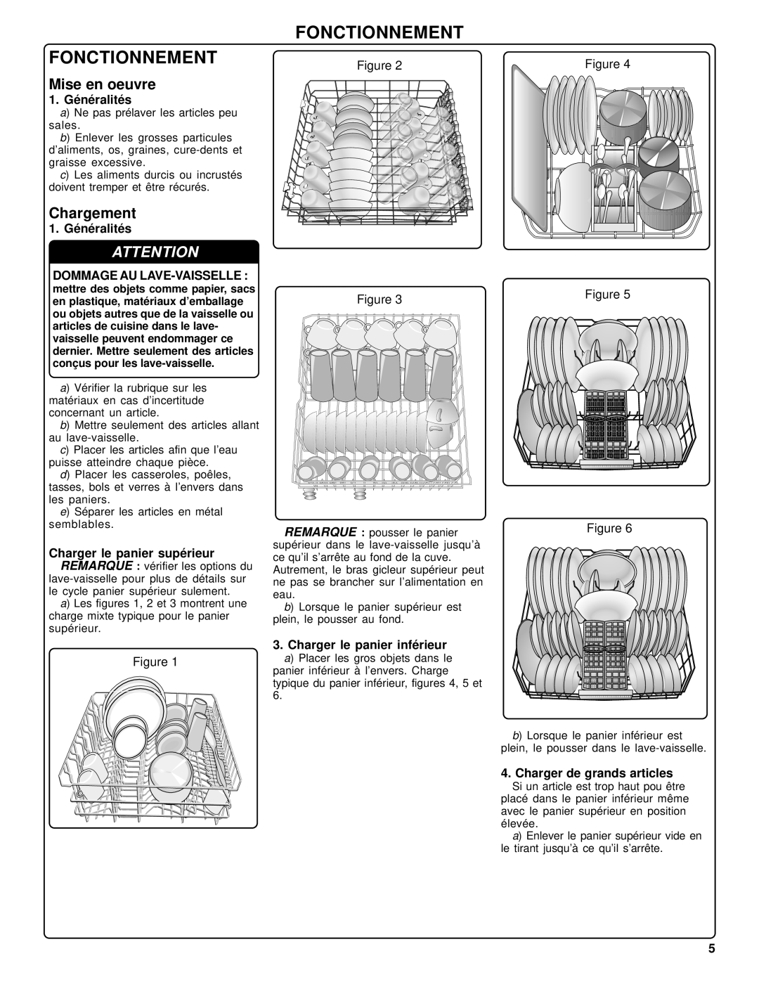 Bosch Appliances SHU42L manual Fonctionnement, 1. Généralités, Dommage Au Lave-Vaisselle, Charger le panier inférieur 